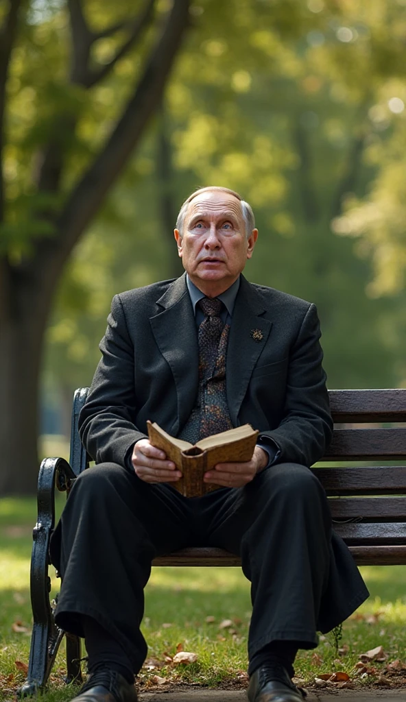 Putin Sitt Putin sitting on a large park bench, holding a book in his hands ...