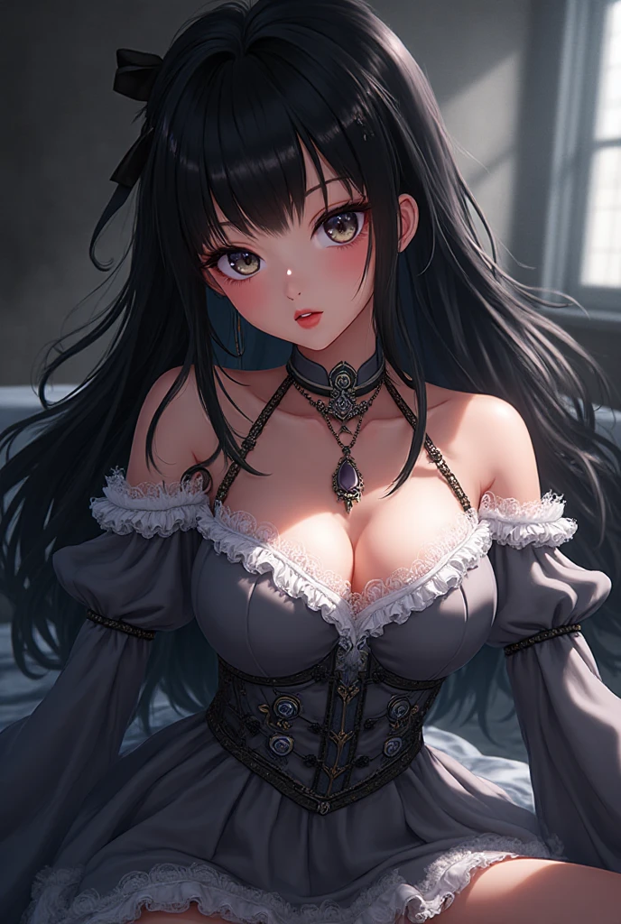 A portrait of a mature woman with very long dark purple wavy hair and drill curls, side-swept bangs, blue eyes, ligh tanned skin, wearing a black princess gown, silver tiara, inside of a dark castle