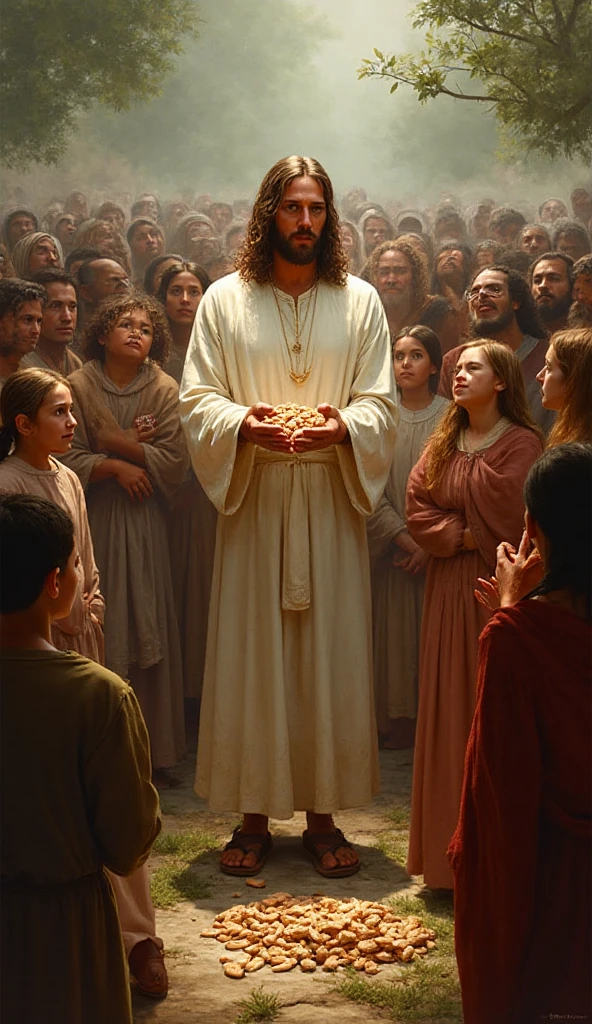 Jesus multiplying the loaves and fishes, surrounded by the humble crowd ...