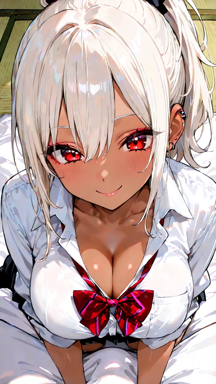 masterpiece, best quality, 1girl, dark skin, white hair, red eyes, huge breasts, cleavage, off-shoulder shirt, red shirt, looking at viewer, smirk, from above, indoors, table
