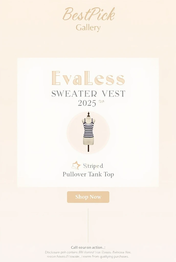 A clean and modern Pinterest-style product promotion image with a summer fashion theme. 
Background: soft pastel gradient (light beige + soft pink + white), minimal and elegant for SEO-friendly design. 
Top section: text "BestPick Gallery" in stylish bold font with a small star icon. 
Center section: showcase text "EvaLess Women’s Sweater Vest 2025 | Striped Pullover Tank Top" with a minimal flat design sweater vest illustration on a mannequin. 
Bottom section: a large Call To Action button style text – "🛒 Shop Now on Amazon". 
Below the CTA, in small grey text: "Disclosure: This post contains affiliate links. As an Amazon Associate, I earn from qualifying purchases." 
Design aesthetic: Pinterest vertical pin format (1000x1500 px), modern, elegant, with clear typography and light shadows for readability. 
