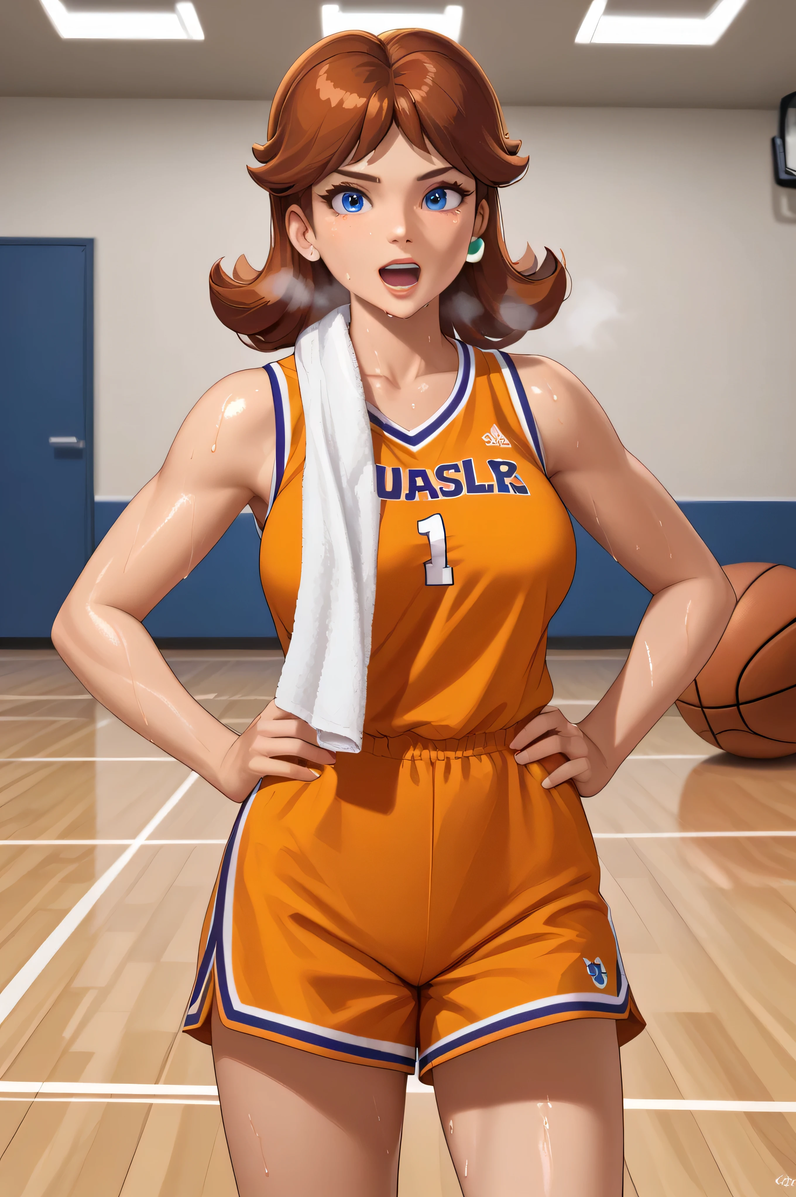 score_9, score_8_up, score_7_up, BREAK, 1girl, solo, princess daisy, 1girl, solo, , brown hair, short hair, neck length hair, casual, cowboy shot, blue eyes, looking at the viewer, large breasts, orange tanktop, sweaty, orange shorts, sweating profusely, open mouth, exhausted, heavy breathing, puddle of sweat on the ground, steam coming out her mouth, gym, indoors, she wears pink shoes,medium breasts,, basketball uniform, basketball jersery, sportswear, jersey, shorts, sleeveless,, audience, gym, sweat, open mouth, steam, wiping sweat, towel, holding, sweat, holding towel, looking at viewer, open mouth,, cowboy shot, standing, hands on hips, dark-skinned female