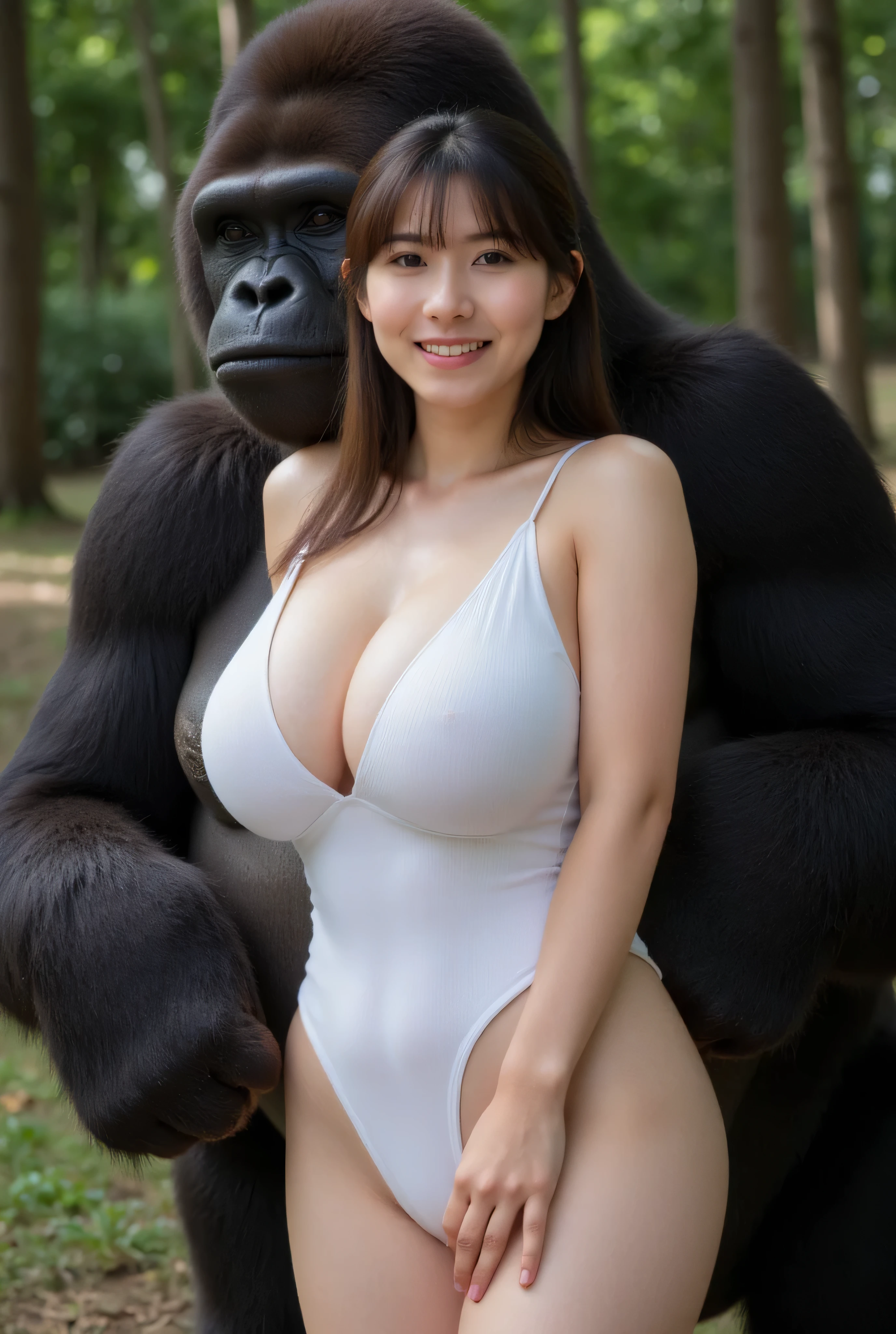 Masterpiece, 1 girl, Japanese adult idol, brown twintails with bangs, big heavy natural breasts, (white sleeveless t-shirt), panties, flirtatious expression, cute face, blushing, Masterpiece, 1 girl, (big natural breasts, (thick arms), (bulky and slender oriental beauty), thick thighs), (sleeveless t-shirt with "fuck me bitch" written on it), panties, flirtatious, cute face, blushing, farm girl, farmer, country girl, (she is aroused behind a muscular male gorilla hanging affectionately and intimately), muscular male gorilla behind her, male gorilla penis, (large flaccid male gorilla penis), animal lover, real animal fur, thick sperm of a male gorilla, in a dark and secluded dense pine forest at night - animal sex is about to happen, night, artificial lighting, front view, original photography - ultra-realistic, 16K UHD