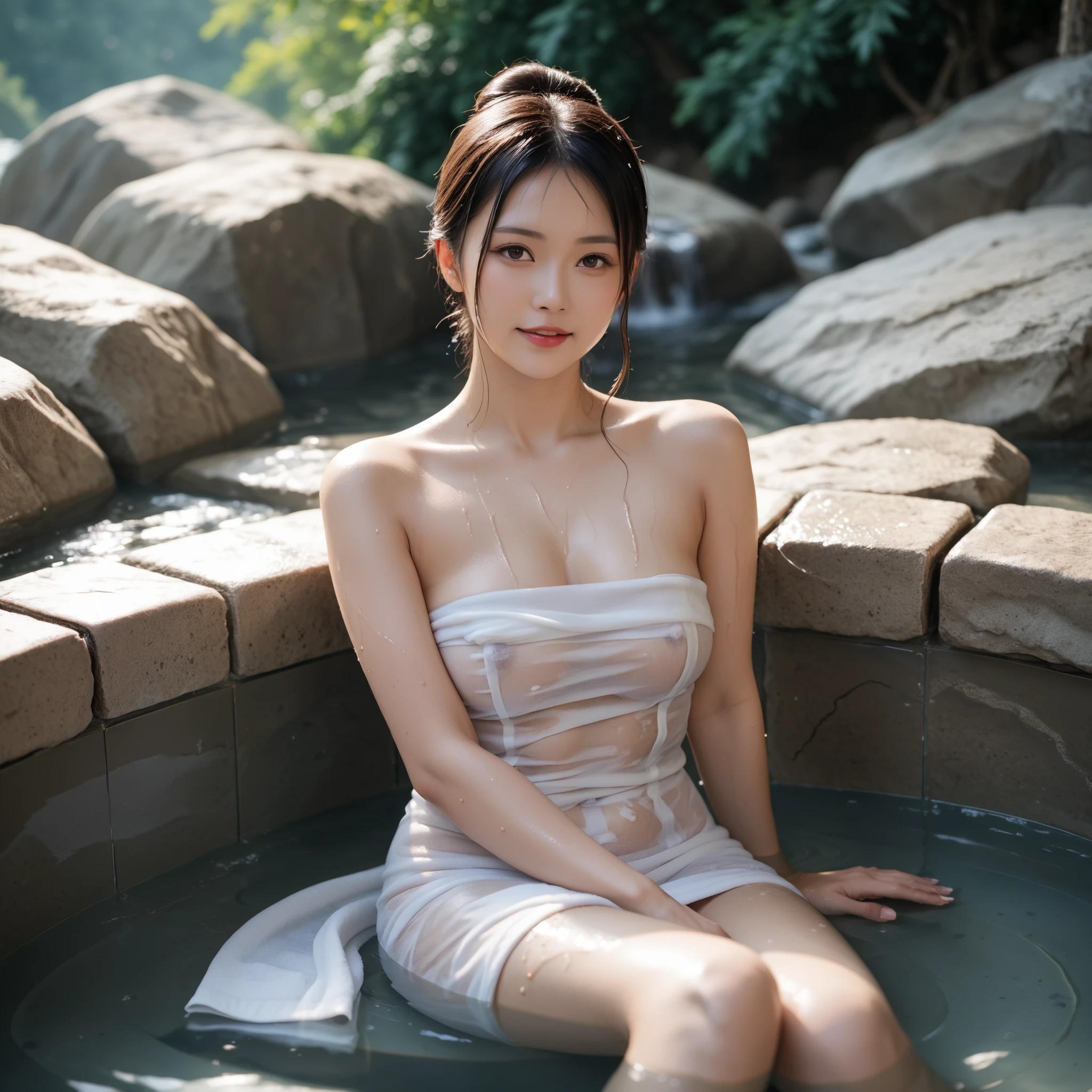 Japanese woman wrapped in a natural hot spring and a white see-through towel、Japanese woman wrapped in a white see-through towel relaxing in the bath、The white see-through towel gets wet and you can see through your skin
