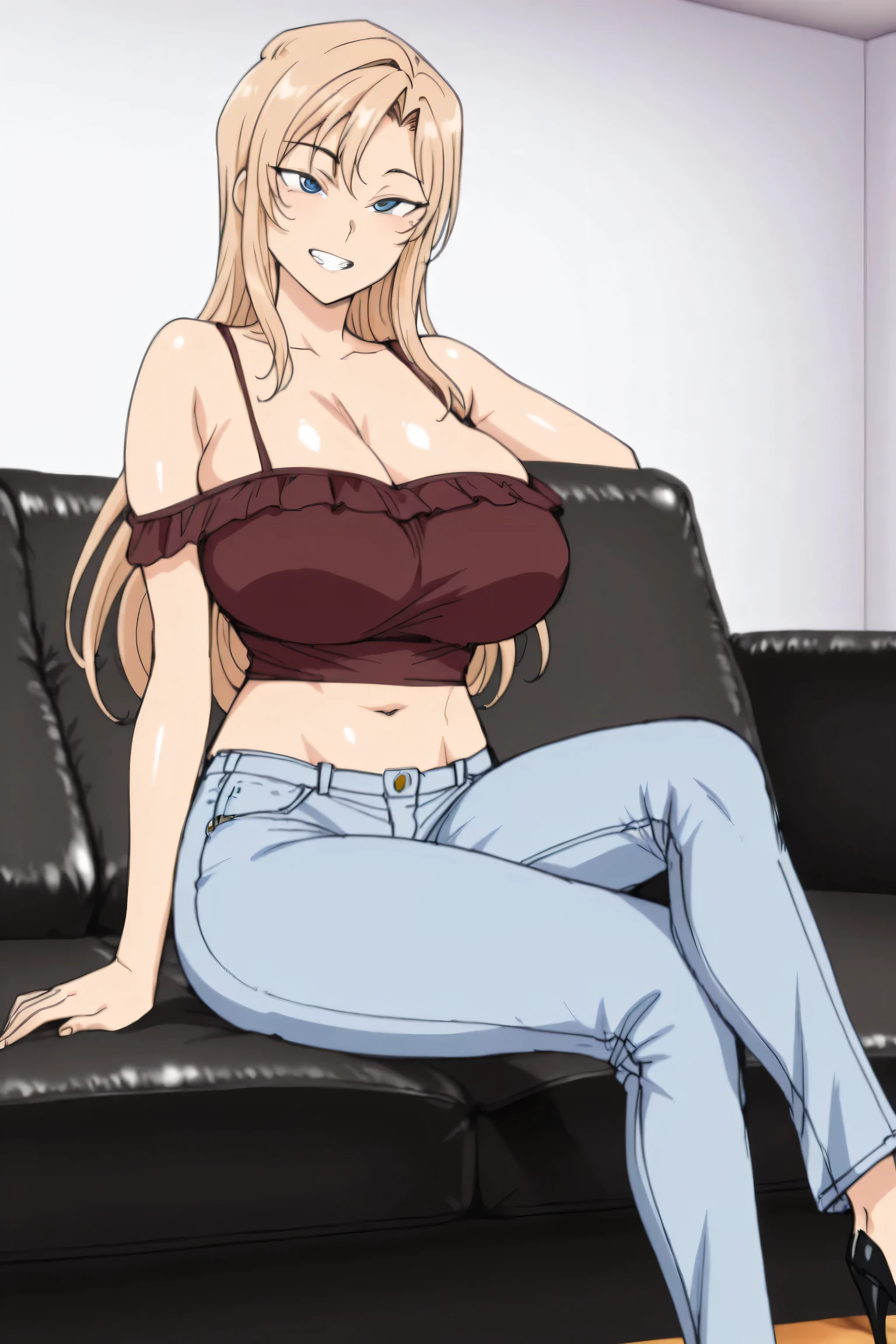 best quality, source_anime, anime screencap, anime style, anime coloring, shiny skin
uncensored, 1girl, solo, Erika kurashiki, Blonde hair, blue eyes, Big breasts, top, bare shoulders, navel, (jeans), high heels, sit, crossed legs, grin, ((black couch)), casting couch, white room, white wall,