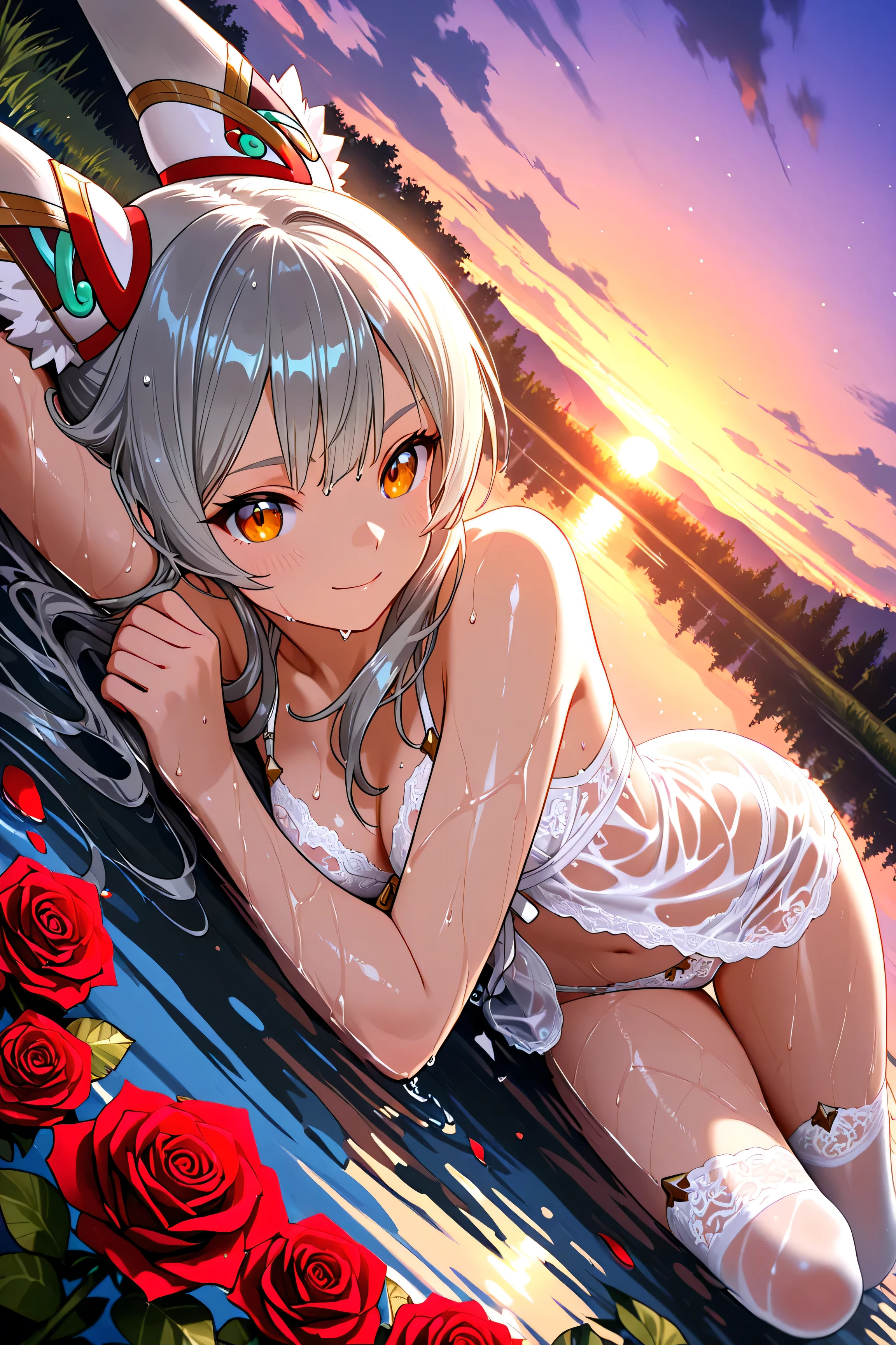 Blade Nia, teenager, wearing wet white lingerie, reclining and embracing a red rose on a lake at sunset, Point of view from above