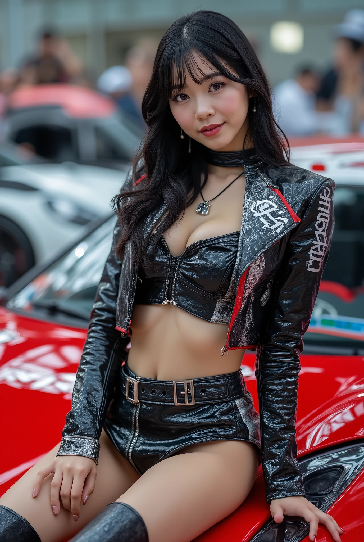 Highest Quality 、high quality 、 最High Definition、High Definition、8K quality、high image quality 、Highest Quality、 masterpiece 、immersive video、 very realistic image 、Realistic Painting、 perfect details 、 High Contrast 、High Fidelity、 perfect photo without blur、close to reality、 full of details Reproduced image、 Detailed and REALISTIC WEAPON 、 exquisite and realistic human skin 、 realistic face in every detail、 Realistic eyes in detail 、  Realistic lips drawn in detail 、 detailed and real teeth、Real Ears、 Realistic Hair 、((Japanese Model))､((race queen))、((beautiful adult woman))、((beautiful faces))、((black hair))、((Big Rounded Breasts))、((sexy body ))、((Beautiful skin without a single blemish))､(((Tokyo Motor Show)))、 (((racing cars)))、 ((promotion girl beside the F1 car,Grid Girls,detailed promotional costumes are intricately worn))､racing cars、Racing exhibition hall、Japanese woman wearing sneakers、race queenコスチュームの日本人女性､(((Asymmetric design cropped top short enough to show breasts＆enamel short sleeve jacket with lots of logos＆asymmetrical design enamel skirt short enough to show panties＆Japanese woman wearing sneakers)))、(((cropped top that fits perfectly to a body short enough to show breasts＆enamel short sleeve jacket with lots of logos＆perfect for bodies short enough to see panties {x} perfect for bodies short enough to see panties fitted enamel skirt＆Japanese woman wearing sneakers)))､(((cut out design enamel cropped top that is short enough to show breasts＆enamel short sleeve jacket with lots of logos＆cutout design enamel skirt short enough to show panties＆Japanese woman wearing sneakers)))、((racing carsに寄り添う,racing carsのボンネットに腰を下ろす,dynamic sexy pose))、(crowd in motor show venue)、((Closeup of the subject))