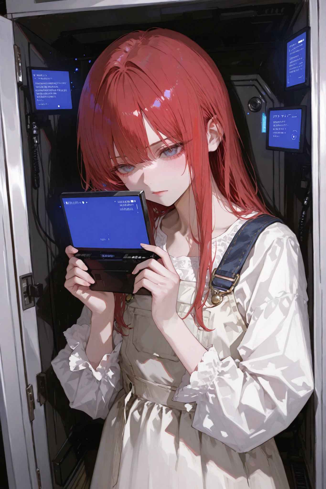 high quality,4k resolution,highly realistic,Delicate Details,Portrait of a female internet priestess in professional style,Red-haired girl standing in front of a white closet,contemplating an unknown digital field,face close-up playful and cute,Serious and calm,Wearing a white dress,holding an old computer with both hands,digital technology elements floating around,blue-violet tones full of mystery,overall showing a fantasy sci-fi feeling