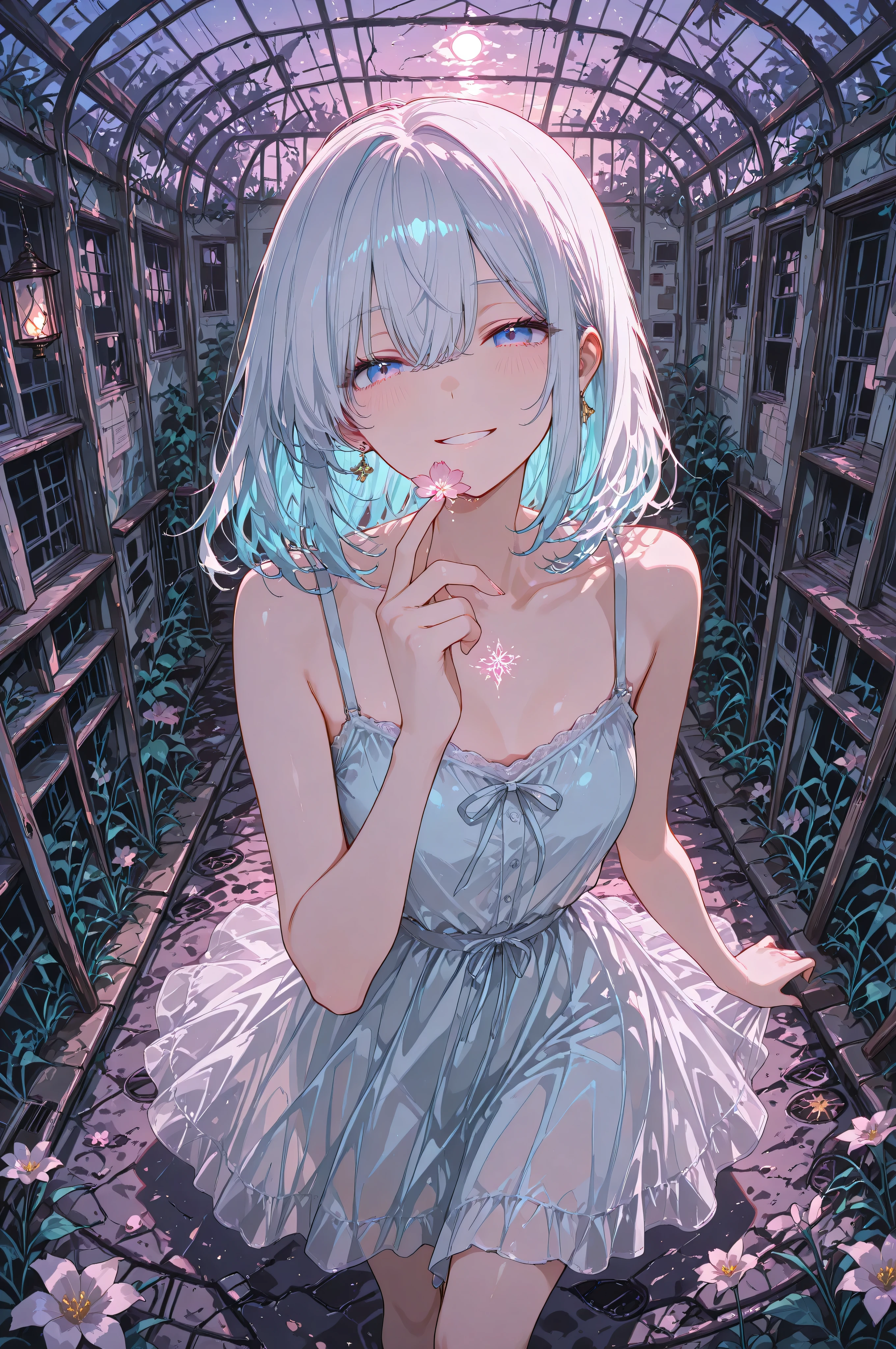 high quality, masterpiece, ultra-detailed, anime illustration, Post-apocalyptic ruined greenhouse under glass panels, a hand overgrown with bright flora (Flowers glow unnaturally, top view, The cheerful gardener, female character, girl, lies in colors, lies on the ground, one hand reaches up towards the viewer, hands out a flower to the viewer, the girl has emerald eyes, long snow-white hair turning soft blue at the tips, tender build, Perfectly drawn figure, feminine body, focused on the viewer, wearing a gentle summer dress, Sunny evening light breaks through the destroyed greenhouse roof, illuminating ivy, curling along broken arches, The light of the sunset( blue, purple, pink), haze creates a magical effect, ultra-detailed spectacular lighting, inspiring mood. the light all behind the girl creates a lot of shadows, top view, the frame was taken from above