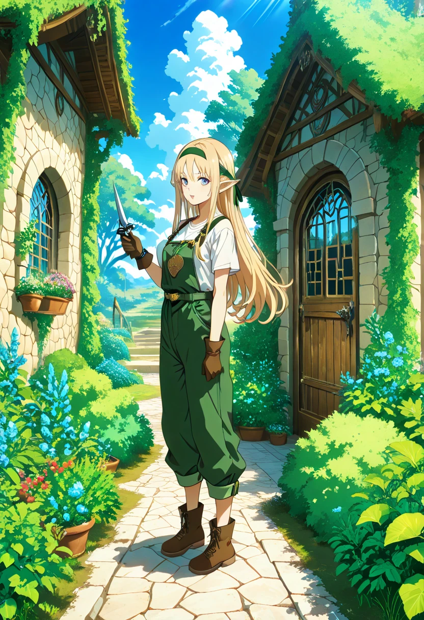 30-year-old anime woman, blonde hair in pigtails, green eyes, tender and smiling expression, long explorer-style shorts with beige suspenders, short-sleeved white blouse, red ribbon in her hair, beige leather gloves, dark beige, in forest leather boots that reach mid-calf, her weapons are two daggers she carries at her waist. 