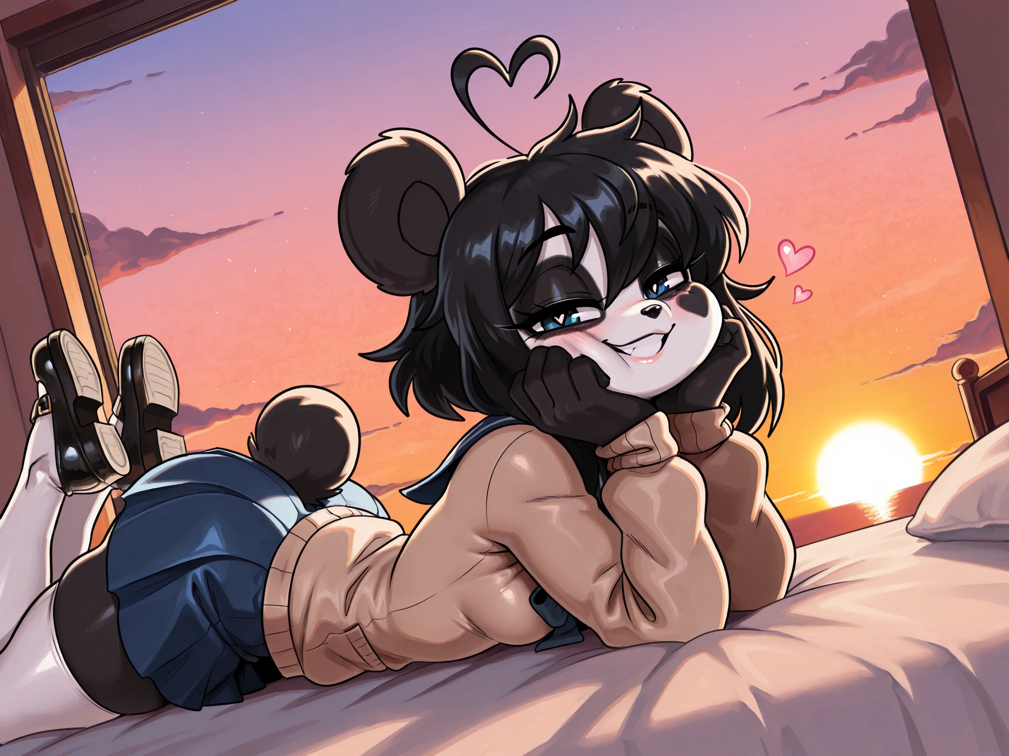 masterpiece, best quality, amazing quality, very aesthetic, high resolution, ultra-detailed, absurdres, newest, scenery, female focus, contrast lighting, side lighting, masterpiece, best quality, newest, absurdres, highres, amazing quality, very aesthetic, cute eyes, no lineart, cinematic, dynamic angle, solo, ambient lighting, rendered, masterpiece, best quality,  expression, 1girl, anthro, furry, fur, fluffy fur, BREAK, 4shc0rp, furry female, animal fur, black hair, panda ears, cardigan, serafuku, blue skirt, white thighhighs, mary janes, bear tail, furry, panda ears, animal nose, black fur, white fur, eyes makeup, black eyes, panda tail, heart ahoge, cheek heart, black arms, black legs, black hair, medium hair, blue eyes, half-closed eyes, small , thighs, solo, (bedroom), (sunset), detailed, (hands on face), cute grin, blush, cocky smile, laying face down on bed, (short stack), side view, looking at the viewer, (19-year-old girl), head tilt, (sketch-ish, 2d, absurdres, best quality, uploaded on e621), (by sssonic2), (waist portrait), [manga style, manga shader effect]