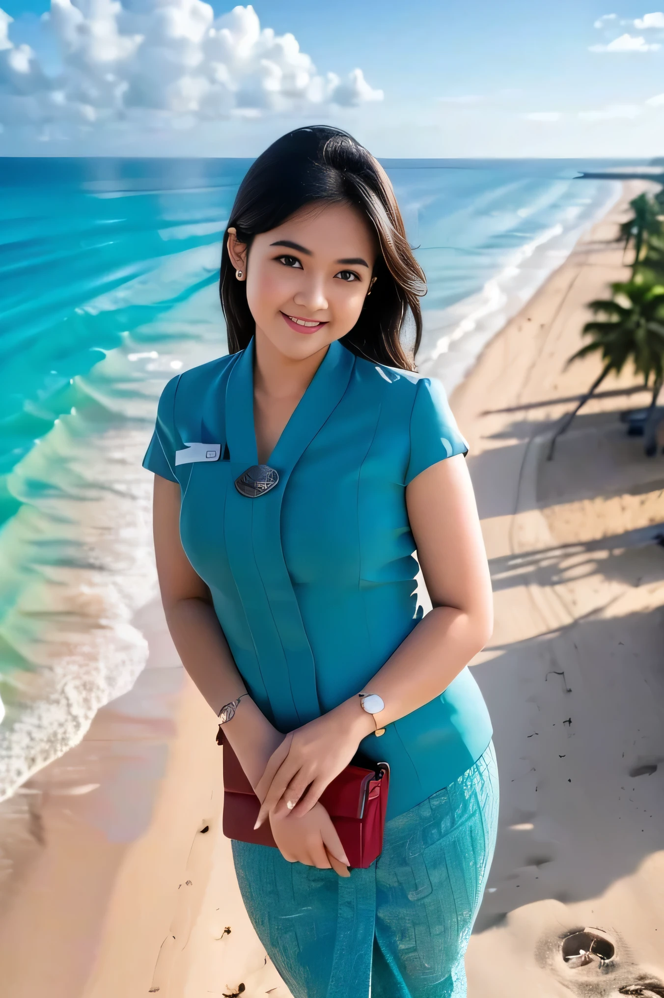 1girl, solo, standing, at the beach, detailed airport scenery, cute little smirk, detailed eyes, thick medium breasts, smooth realistic skin, wearing flight attendant uniform, looking at the audience, (Overhead shot:1.3), (zoom out:1.4), (8k, RAW photo, best quality, masterpiece: 1.2), (realistic, realistic: 1.37), ultra-high resolution