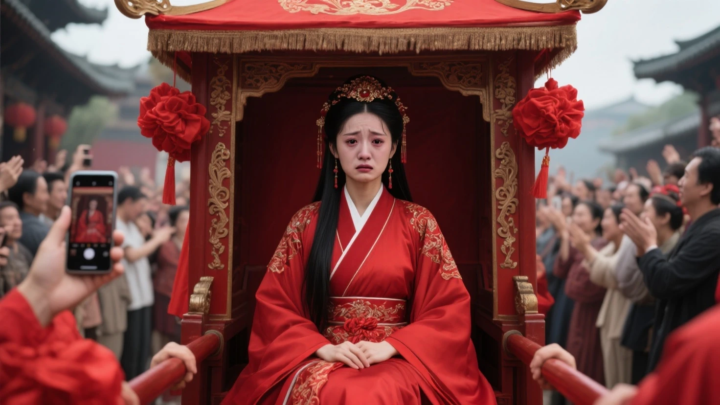 Beautiful female Chinese princess sits on a Chinese four-poster bed, howling in fear, surrounded by a sumptuous imperial chamber, high detail of the form, cinematic style