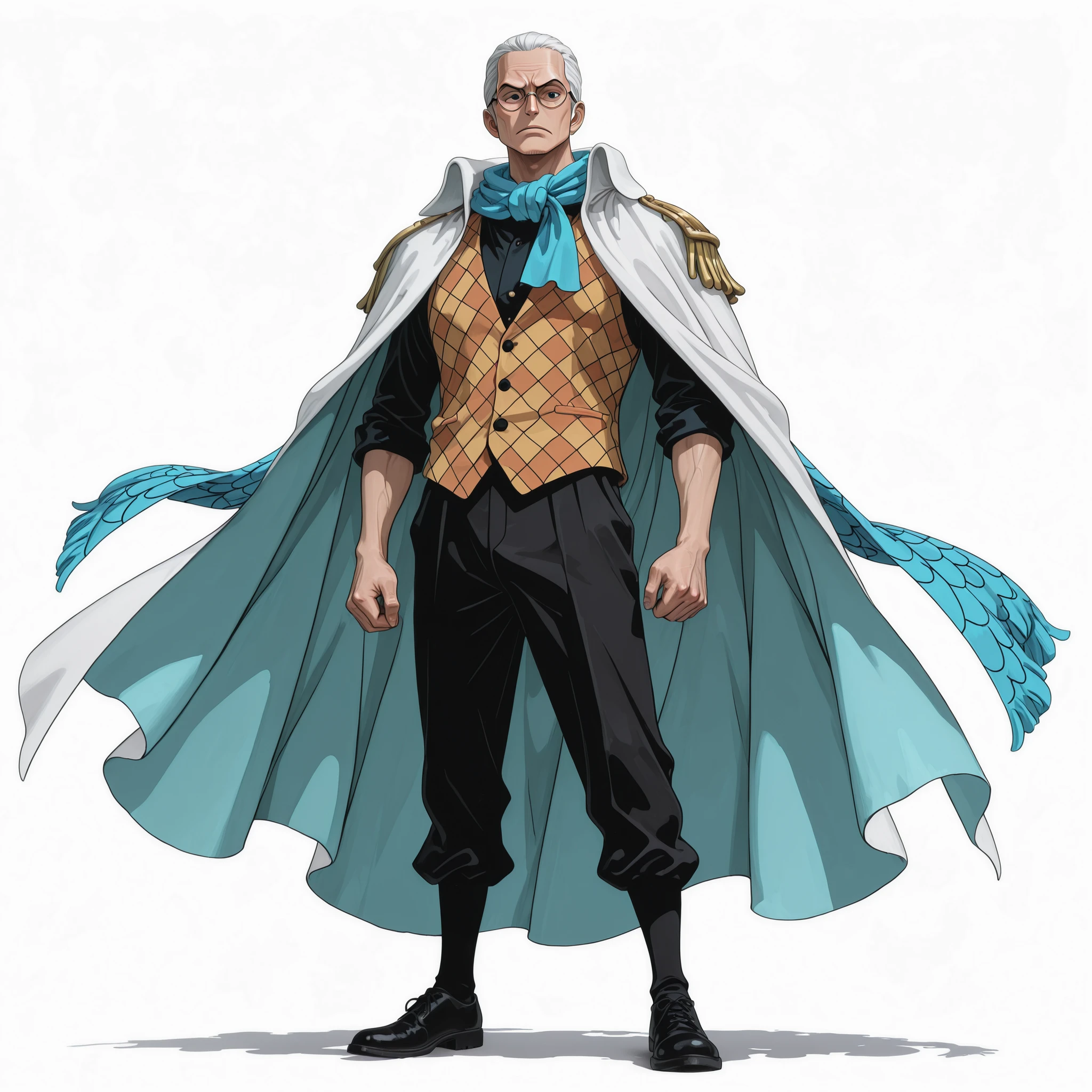 (male), (middle aged man), (very tall body), (white hair, slicked back hair), (black eyes), (round glasses), (mysterious expression), (hands covered by cloak), (serious face), (solo), (single character), (full body version), (white background), (no background), (highly detailed), (shadow), (standing pose), (natural light), (detailed outfit), (detailed face), (detailed hair)
Wearing a long dark fur-lined cloak draped over the shoulders covering the arms, orange checkered vest, blue scarf tied at the neck, dark trousers, black shoes with golden clasps, (one piece style art)