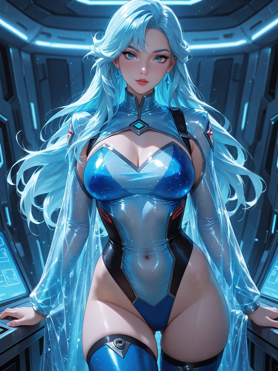 Yuri from The Dirty Pair, , wearing a tight outfit, light sage uniform, light blue uniform, skimpy, medium breast, (long hair), dark blue hair, long smooth hair,  beauty, cyberpunk city background, holding retro space-gun, cleavage, slim waist, slim thighs, thigh gap, (light yellow uniform), show belly