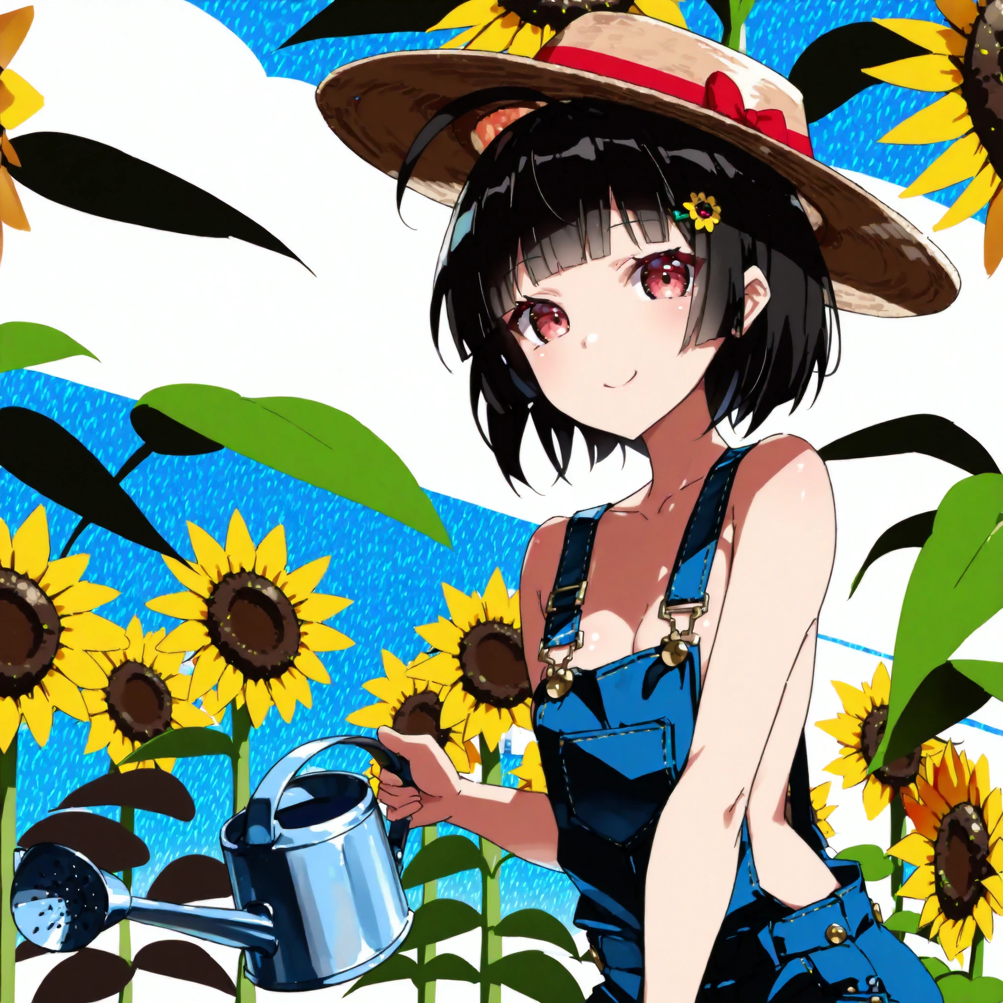 1girl。((live-action。Japanese。Beautiful Woman))。((a big city turned into a jungle with grass。Growing sunflowers in a field。watering sunflowers with a watering can。hat。overalls))。((best quality)), ((masterpiece)), ((high resolution)),((detailed))。blunt bangs。ahoge。short hair。cute hairpin。small breasts。