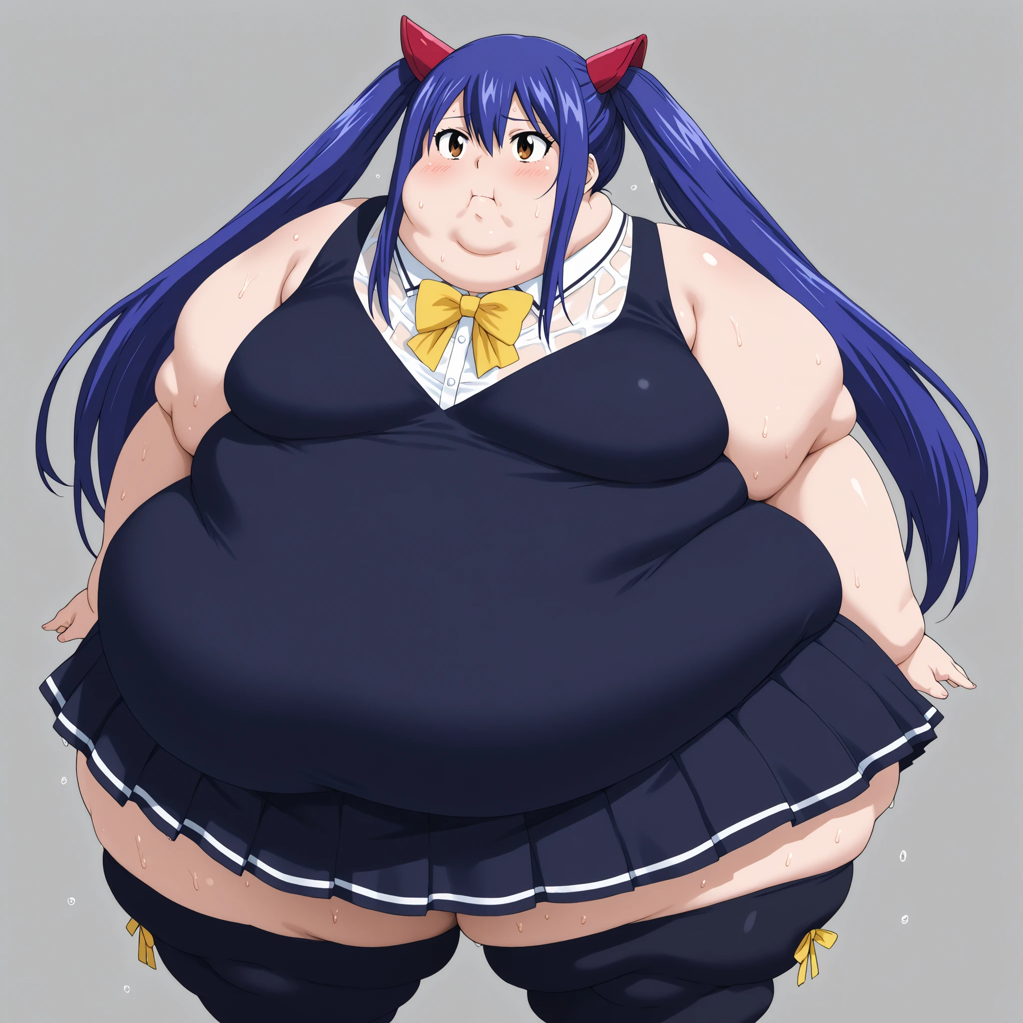 wendy marvell, long hair, hair ornament, ribbon, hair between eyes, twintails, brown eyes, very long hair, blue hair, , , 1 woman solo, skirt, thighhighs, bow, ribbon, pleated skirt, black thighhighs, bowtie, black skirt, zettai ryouiki, yellow bow, yellow ribbon, fat, chubby, obese, gigantic arms and legs, small breasts, sweating, wet body, swollen face, Fat_neck , Fat head , eyes with crushed cheeks , nose with crushed cheeks , mouth with crushed cheeks , chin roll