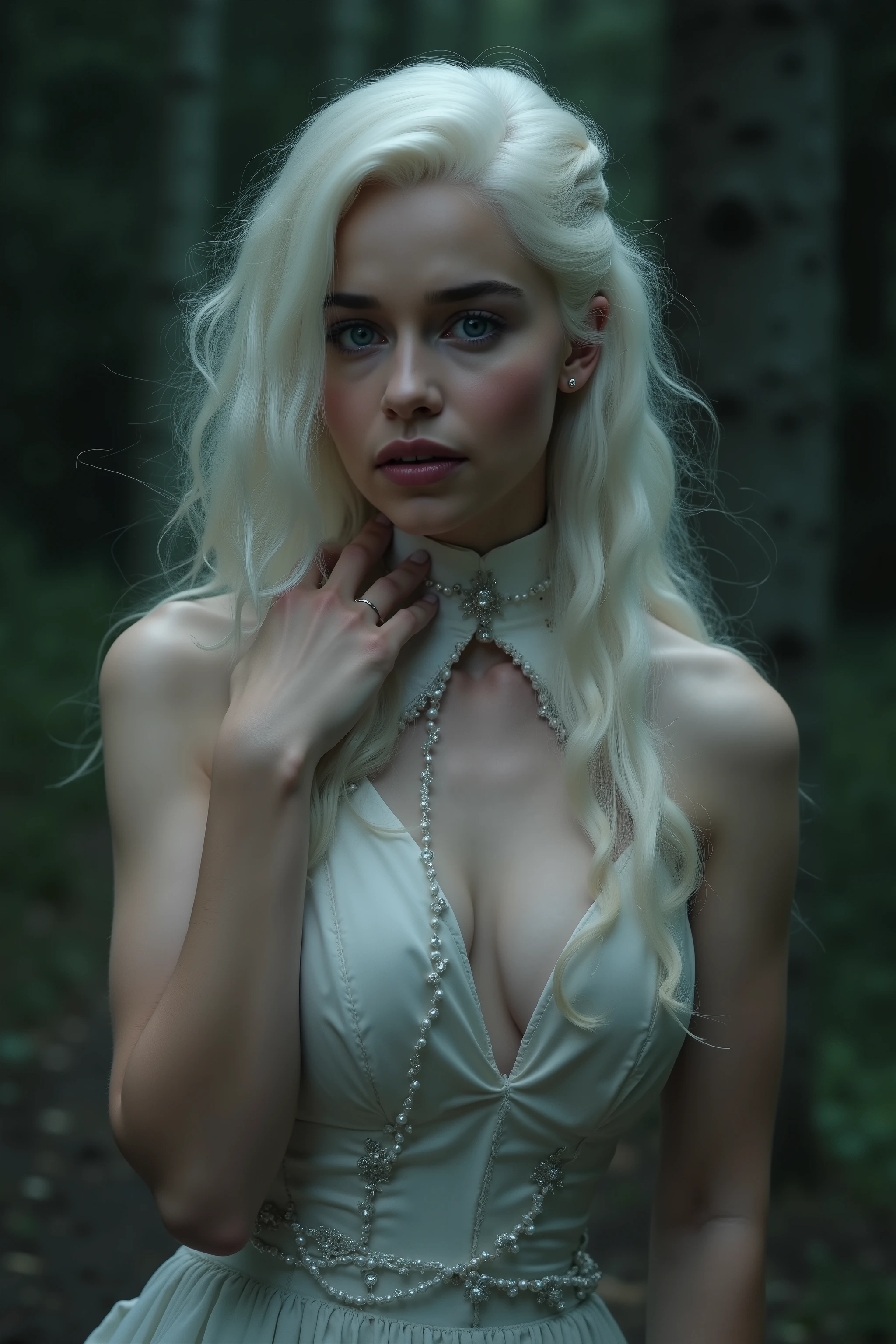 4k Full-HD-Bild. Beautiful young woman with platinum blonde hair and white as snow, wellig, gently tousled from the root loose without hairstyle. elegantly dressed with light and harmonious colors. silk dress attached to the body, with a high collar and a cutout, that bare her plump breasts. decorated with silver or pearl jewelry. cascades as if free and majestic over your. seductive look, scharf, deadly, But at the same time sweet. Arrogant and elegant pose, hair tense atmosphere and realistic lighting scene. A hand around her neck and face pointed slightly upwards. Delicate features on the stature, feine Adern, that mark the white skin, and pointed nails like razor blades. *close-up of her face *, kinematografisch, dunkel. night forest scenery in moonlight. hair moves in the wind. wild, overwhelming and magnificent.