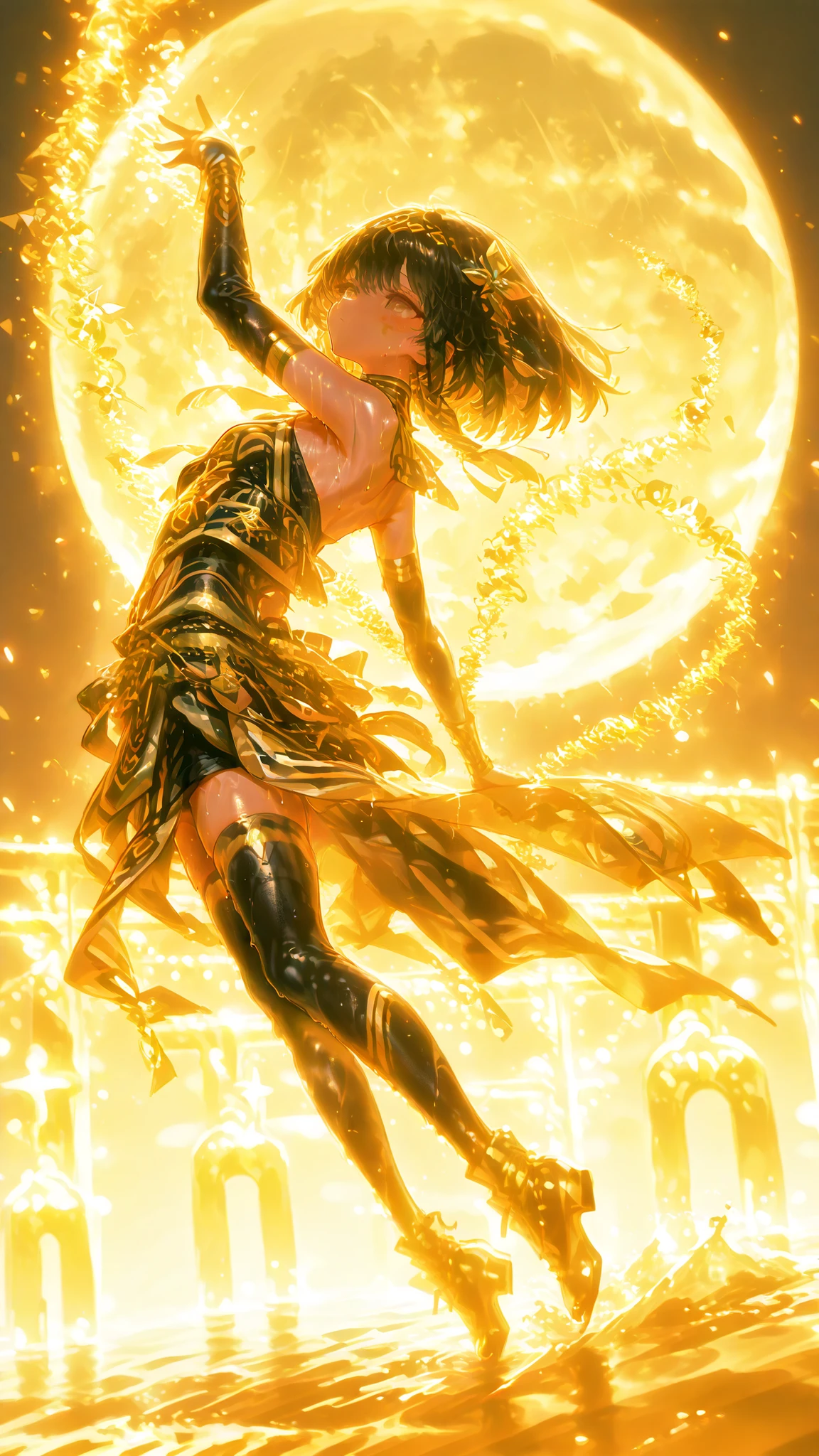 illustration style、1girl super high definition、Highest Quality、masterpiece、very detailed、super detailed skin、Detailed, Beautiful Eyes、half-open eyes、zitoida 、beautiful faces、beautiful body、Medium Busty、beautiful charming long legs、dark haired、Inner hair that shines like a jewel、 dance子衣装、Egyptian decorative costumes that shine in gold、Lots of Decorations 、Light trail、砂漠地帯がdance台の王族のみに許された古の都、Moon and lunar eclipse、 dance、 dance子、dance、薄暗いなか神秘的なdanceの儀式、rain、大rain、rain降、water、gets wet、rainの中、dynamic angle、Full Body