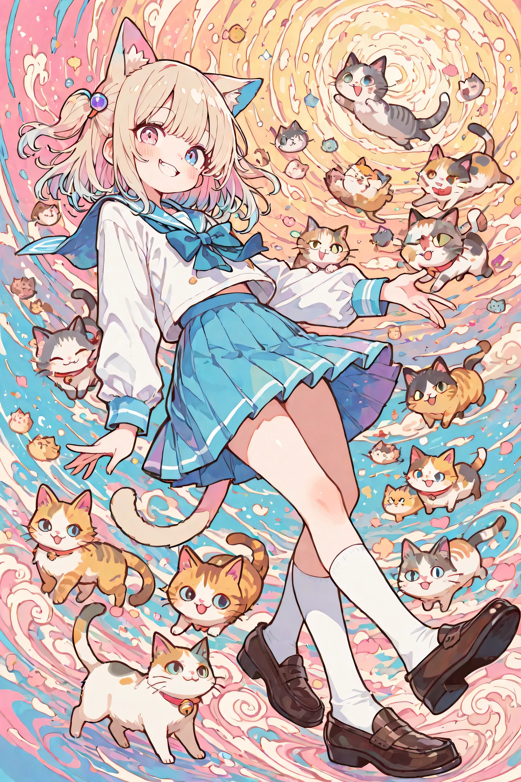 school uniform,bangs,,cute,748cm style,A cute girl, whimsical tornado in sailor uniform, pleated skirt and brown loafers , heroic pose. A Capricious tornado made of colorful cats, lots of cats that eat ru、 teeth、lift lots of items and lift them up in the air, 活気に満ちたpop art style, full of joy, Smile Yans. Thick Line, the background is similar, are rendered in a vibrant pop art style, characterized by Thick Line, Bright, Contrasting colors, and graphics , comic book style, creating a playful and  comical atmosphere. 1girl, solo, cute,  heroic pose, Capricious tornado lots of cats that eat ru, Smile Yan, cat floating in the sky, floating 猫, Floating cat jarrashi, pop art style, bright colors, Thick Line, comic book style, Capricious,  comical.


