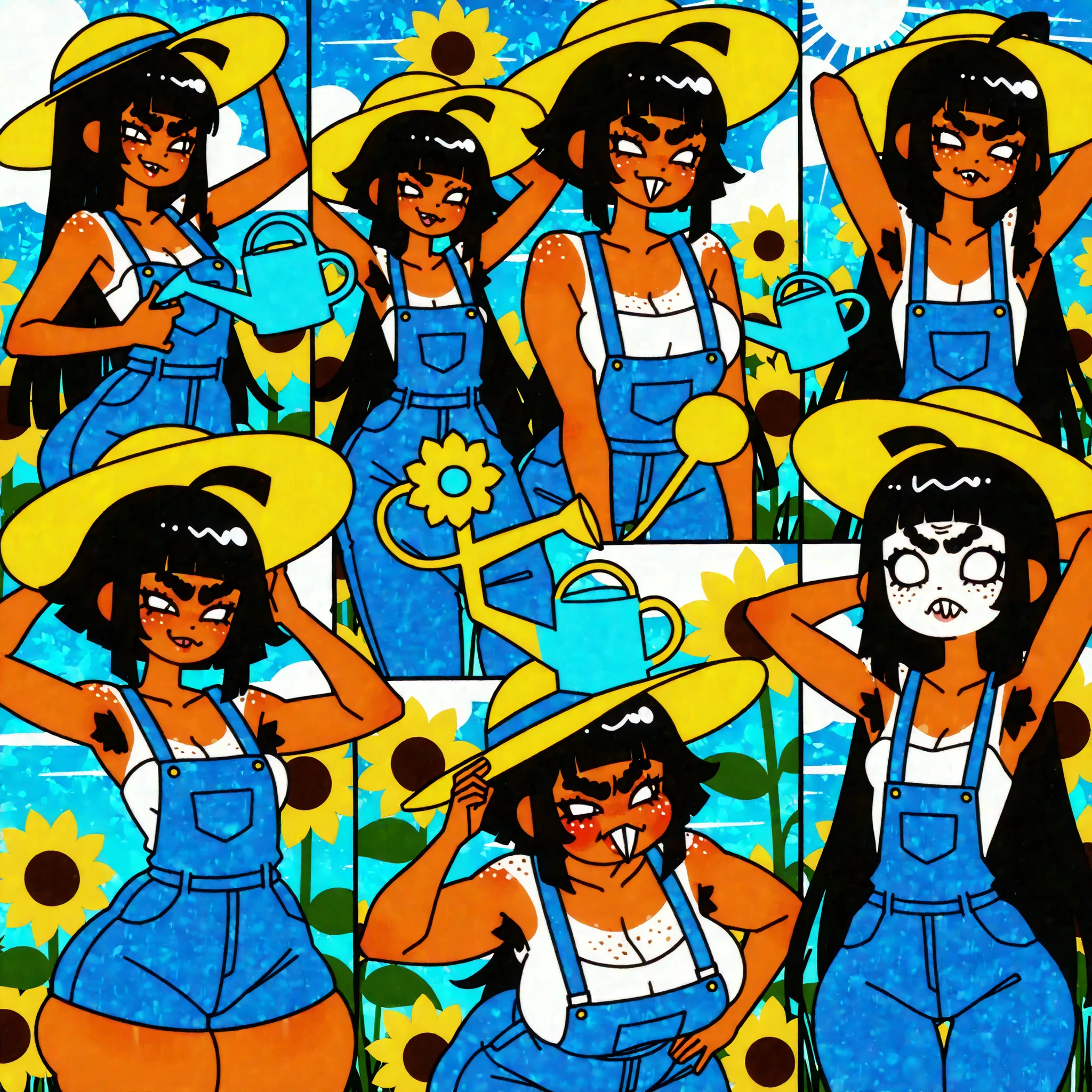 1girl。((live-action。Japanese。Beautiful Woman))。((a big city turned into a jungle with grass。Growing sunflowers in a field。watering sunflowers with a watering can。hat。overalls))。((best quality)), ((masterpiece)), ((high resolution)),((detailed))。blunt bangs。ahoge。short hair。cute hairpin。small 。

highreasterpiece, best quality,mid long shot, (side view:0.6), solo, hyper bottom heavy, ponytais girl, cute , lines around the eyes, glare eyes, moist eyes, freckled cheeks, red cheeks, feathered bangs, hair cuticle, (unibrow) eyebrows, pimples in face, wide :1.3 , lower body:1.2, primate, mouth, ((lose-tooth)) , (cleavage)}, hair ornament, dark hair, spiked-up long hair, Straight Layered Hair, sidelocks, eyelashes, perfect bright eyes, natural beauty, slim female, feminine growth, shy, big lips, underarm, (armpits poses), armpit hair, ((summer: 1.4)), 1_female, ((whole body)), (tan exotic skin_complexion:1.4), (plain), , Thigh gap, collarbone,  shoulders, natural hairstyles, hyper gluteus, bubble ,  focus, (Envious Blunt Bangs hair) wide forehead, upper body, legs, perfect thighs from above, anthropoid ((ANATOMICALLY correct)),  navel, Surrealism, [ambient lighting, grass plains, sun rays], female, , huge , Smug, butterflies, voluptuous,((height expansion, sequence height expansion,)),((2 segment comic))