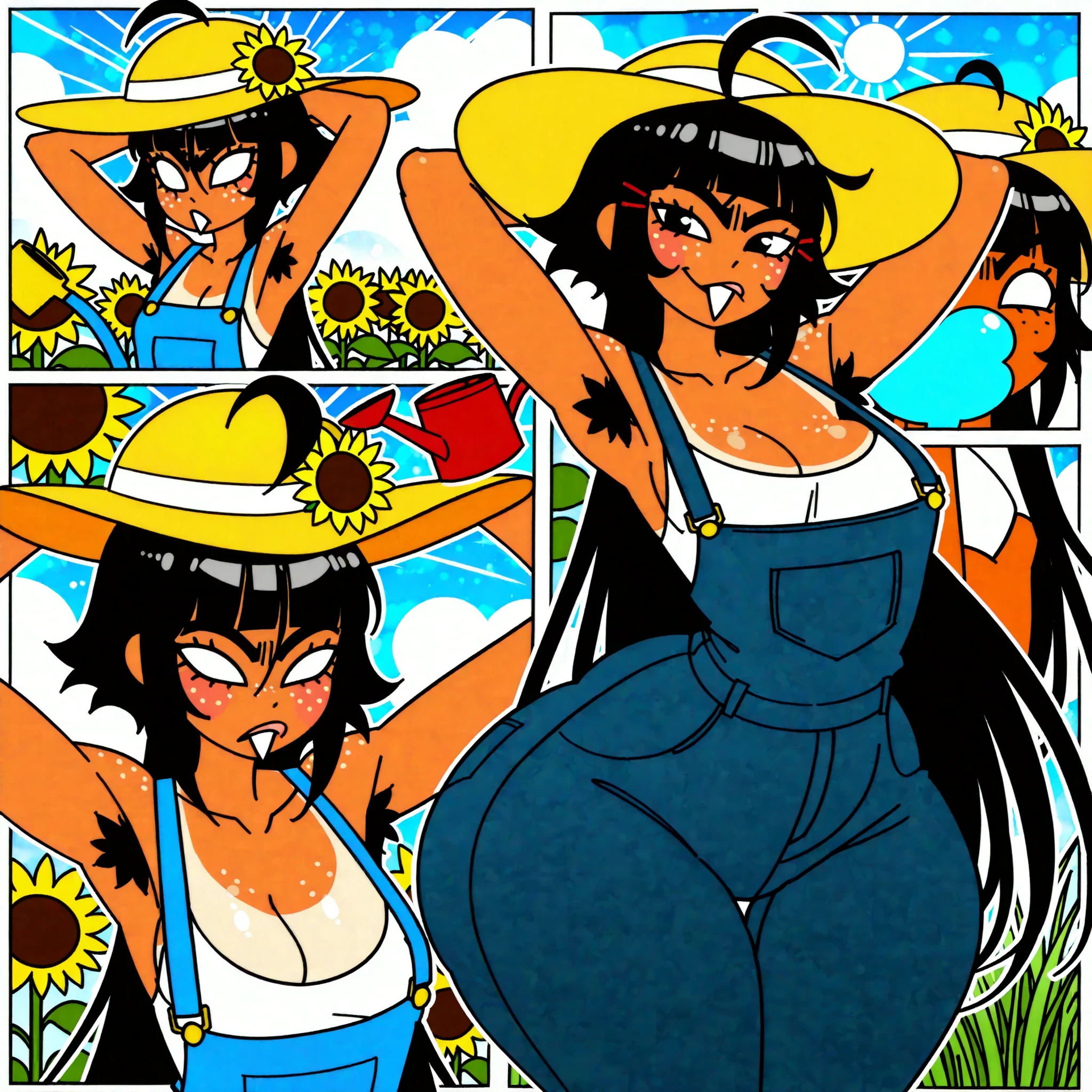 1girl。((live-action。Japanese。Beautiful Woman))。((a big city turned into a jungle with grass。Growing sunflowers in a field。watering sunflowers with a watering can。hat。overalls))。((best quality)), ((masterpiece)), ((high resolution)),((detailed))。blunt bangs。ahoge。short hair。cute hairpin。small 。

highreasterpiece, best quality,mid long shot, (side view:0.6), solo, hyper bottom heavy, ponytais girl, cute , lines around the eyes, glare eyes, moist eyes, freckled cheeks, red cheeks, feathered bangs, hair cuticle, (unibrow) eyebrows, pimples in face, wide :1.3 , lower body:1.2, primate, mouth, ((lose-tooth)) , (cleavage)}, hair ornament, dark hair, spiked-up long hair, Straight Layered Hair, sidelocks, eyelashes, perfect bright eyes, natural beauty, slim female, feminine growth, shy, big lips, underarm, (armpits poses), armpit hair, ((summer: 1.4)), 1_women, ((whole body)), (tan exotic skin_complexion:1.4), (plain), , Thigh gap, collarbone,  shoulders, natural hairstyles, hyper gluteus, bubble ,  focus, (Envious Blunt Bangs hair) wide forehead, upper body, legs, perfect thighs from above, anthropoid ((ANATOMICALLY correct)),  navel, Surrealism, [ambient lighting, grass plains, sun rays], female, , huge , Smug, butterflies, voluptuous,((height expansion, sequence height expansion,)),((2 segment comic))