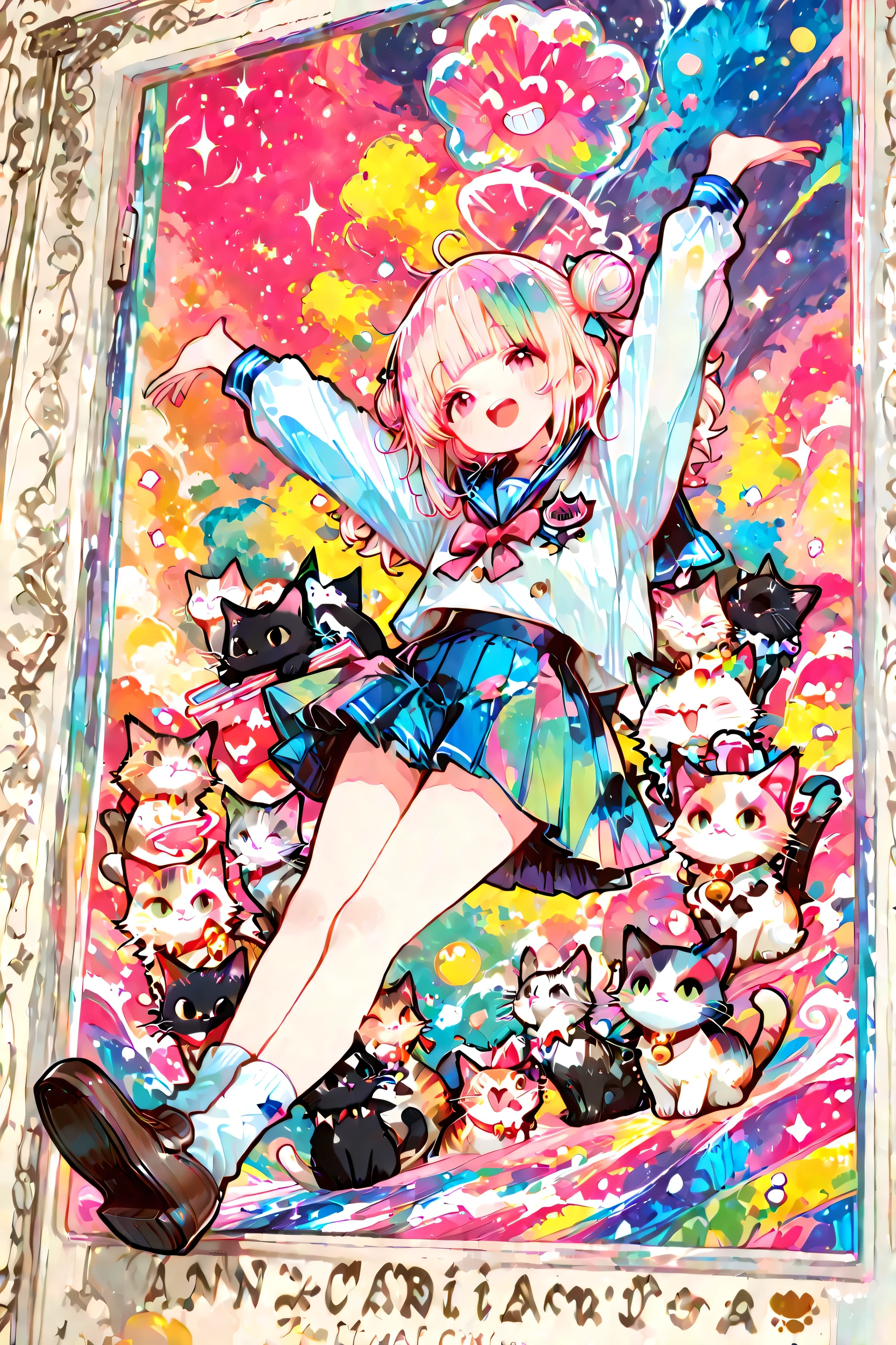 school uniform,bangs,,cute,748cm style,A cute girl, whimsical tornado in sailor uniform, pleated skirt and brown loafers , heroic pose. A Capricious tornado made of colorful cats, lots of cats that eat ru、 teeth、lift lots of items and lift them up in the air, 活気に満ちたpop art style, full of joy, Smile Yans. Thick Line, the background is similar, are rendered in a vibrant pop art style, characterized by Thick Line, Bright, Contrasting colors, and graphics , comic book style, creating a playful and  comical atmosphere. 1girl, solo, cute,  heroic pose, Capricious tornado lots of cats that eat ru, Smile Yan, cat floating in the sky, floating 猫, Floating cat jarrashi, pop art style, bright colors, Thick Line, comic book style, Capricious,  comical.


