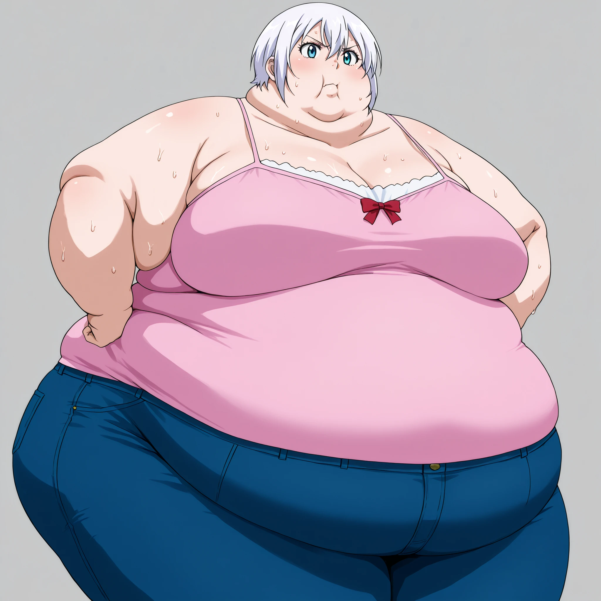 score_9, score_8_up, score_7_up, source_anime,  lisanna strauss, short hair, blue eyes, hair between eyes, white hair, ,, bow,  shoulders, collarbone, pants, red bow, denim, camisole, jeans, pink camisole, fat, chubby, obese, gigantic arms and legs, , sweating, wet body, swollen face, Fat_neck , Fat head , eyes with crushed cheeks , nose with crushed cheeks , mouth with crushed cheeks , chin roll