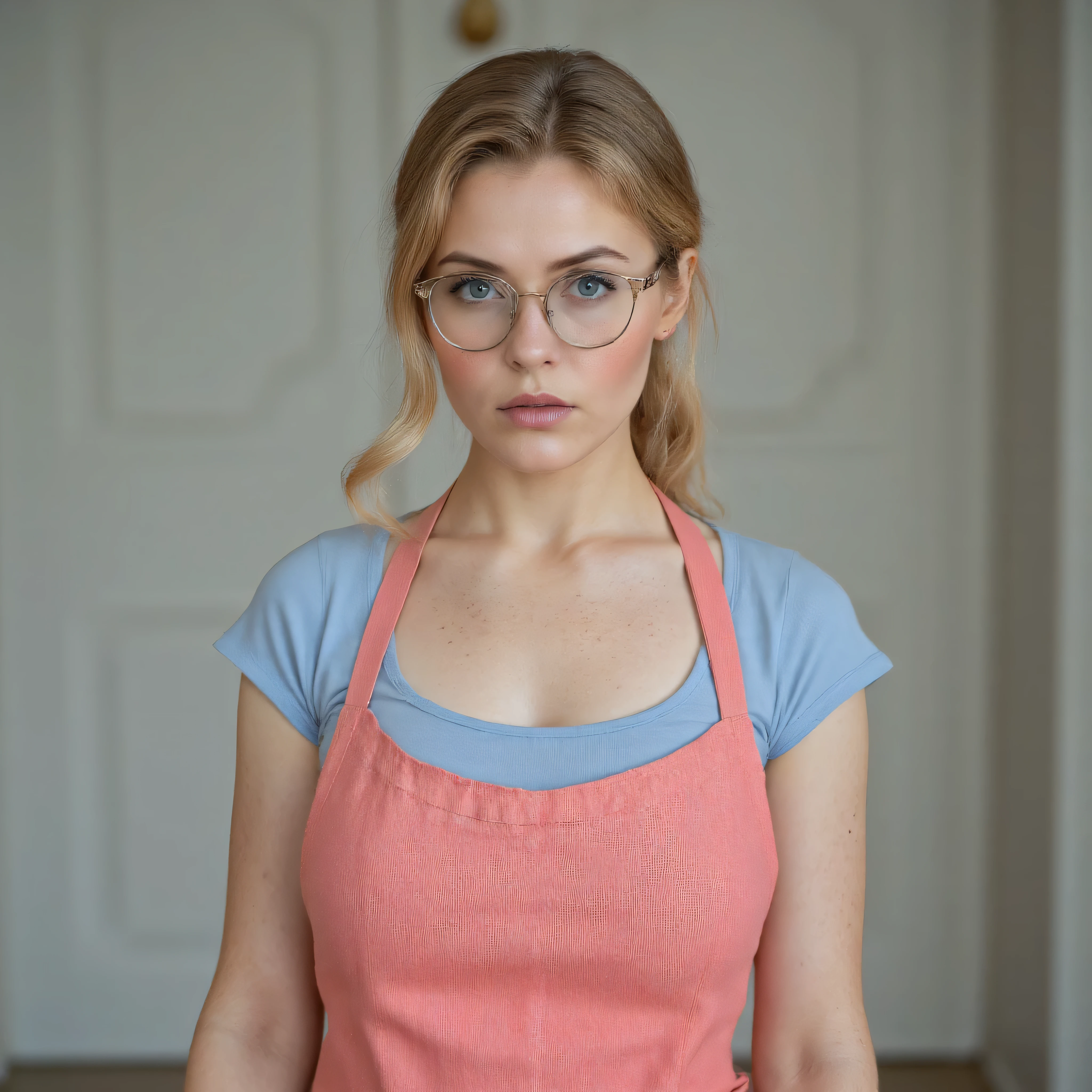 A realistic, high resolution photograph of a beautiful  European woman in her 30's; full body frontal view facing the camera with her arms at her sides looking at the camera. There is extra space in the photo above her head. She has a  lithe, hourglass, fashion model figure with medium rounded breasts, large hips, and a thin waist. She has shoulder length, wavy naturally golden blonde hair tightly drawn back in a low bun without loose strands. The roots of her hair are golden blonde. She has a perfect, beautiful face, a small nose and a short, thick neck. She has blue eyes and wears glasses with wire oval rims. She has a pale complexion and freckles. Her lips are slightly open and she has an anxious expression. She is wearing a baby blue scoop neck t-shirt and a coral pink unbuttoned potter's smock. The rounds of her breasts are well defined beneath her clothing and you can see a bit of cleavage. There is no one else in the photo. There is extra space above the subject’s head and centered composition — suitable for magazine-style layout or cinematic framing. 