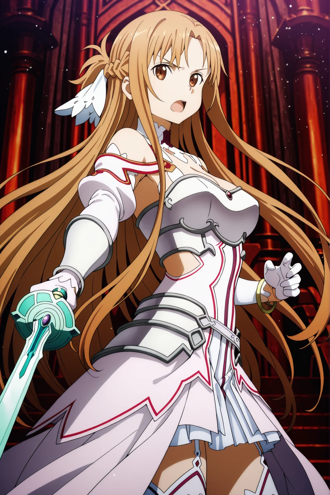 8K,HDR,masterpiece,best quality, high quality,amazing quality,highres, absurdres, newest,(anime screencap:1),(anime coloring:1),(anime style:1),highly detailed illustrations,perfect eyes,detail1eye,well-defined fingers,(perfect anatomy:1), (perfect fingers,5 fingers:1),cowboy shot,from side,face focus,low angle,sao_alicization_style,
BREAK
1girl,solo,ddasuna, long hair, brown hair, braid, hair ornament, brown eyes, medium breasts, detached collar, armored dress, white dress, white armor, detached sleeves, white sleeves, bracelet, white gloves, garter straps, white thighhighs,
BREAK
looking at viewer, (a girl holding a sword with both hands:1.2),
dynamic pose, foreshortening, extreme perspective
sword (weapon), holding weapon , fighting pose,
open mouth,serious,(determined:0.6),
BREAK
indoor,palace,smoke,mist,at night,dramatic lighting ,light particles, ARW, motion blur,blur background