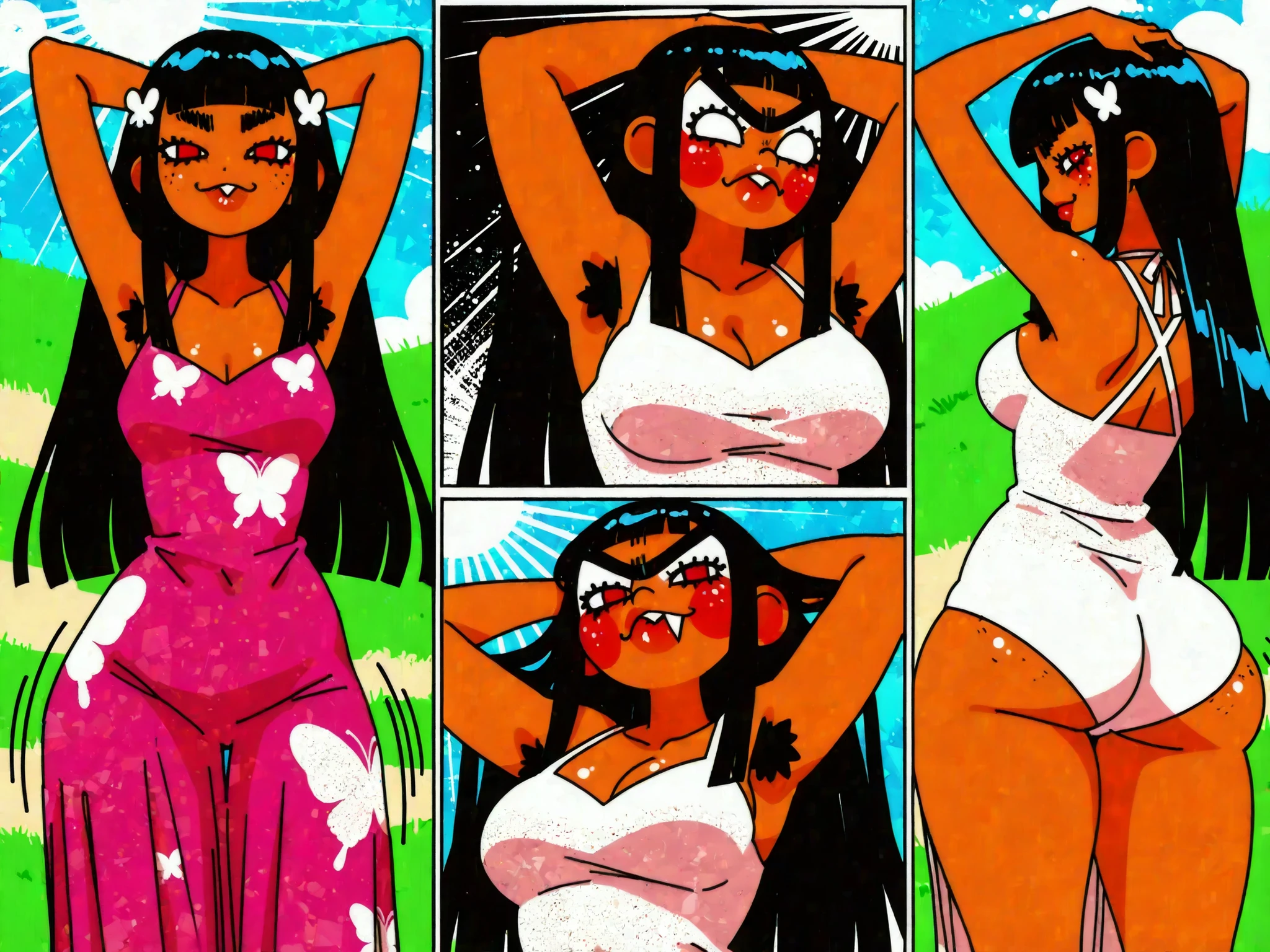 highreasterpiece, best quality,mid long shot, (side view:0.6), 1girl (Y2k pink scrap dress) , solo, hyper bottom heavy, ponytais girl, cute , lines around the eyes, glare eyes, moist eyes, freckled cheeks, red cheeks, feathered bangs, hair cuticle, (unibrow) eyebrows, pimples in face, wide :1.3 , lower body:1.2, primate, mouth, ((lose-tooth)) , (cleavage)}, hair ornament, dark hair, spiked-up long hair, Straight Layered Hair, sidelocks, eyelashes, perfect bright eyes, natural beauty, slim female, feminine growth, shy, big lips, underarm, (armpits poses), armpit hair, ((summer: 1.4)), 1_women, ((whole body)), (tan exotic skin_complexion:1.4), (plain), , Thigh gap, collarbone,  shoulders, natural hairstyles, hyper gluteus, bubble ,  focus, ( Envious Blunt Bangs hair) wide forehead, upper body, legs, perfect thighs from above, anthropoid ((ANATOMICALLY correct)),  navel, Surrealism, [ambient lighting, grass plains, sun rays], female, , huge , Smug, butterflies, voluptuous,((height expansion, sequence height expansion,)),((2 segment comic))