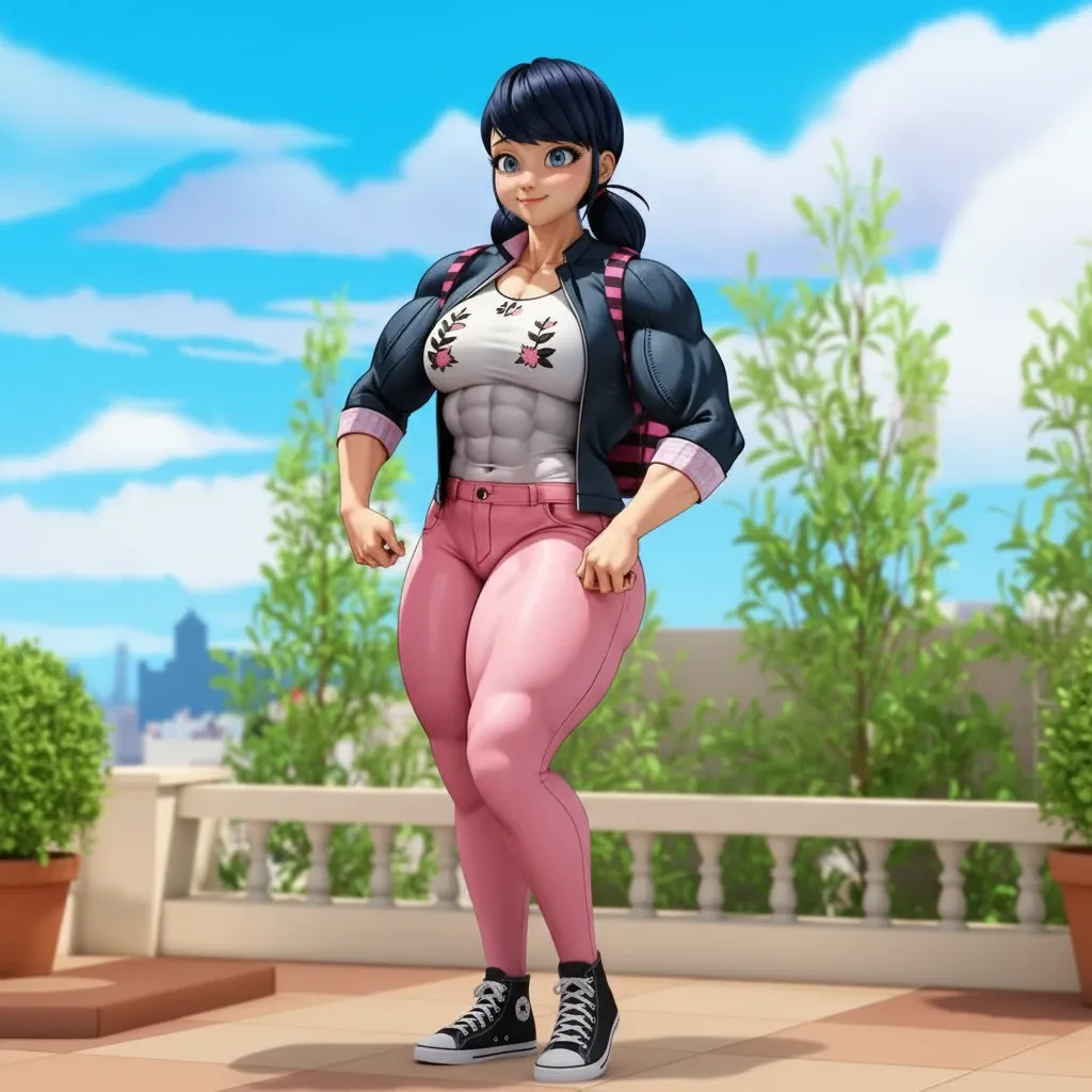 (big muscular female bodybuilder, beautiful detailed eyes, beautiful detailed lips:1.1,strong physique, two short pigtails, (smile), ( Marinette wears a white printed shirt ), ((( dark pink jean's , plane jean's, without pattern))) black jacket,, and ballet flats.), lifting weight, muscular arms and legs:1.2, toned abs, powerful expression,sweating:1.1, bed background:0.9, intense focus:1.1, vibrant colors, dramatic lighting), rippling muscles,sturdy frame,dark tan,fit around the waist,tight abs,strong arms and shoulders,intense expression,determined look,well-defined muscles and veins,straining muscles,artistic pose,steely gaze,side lighting,powerful presence,vivid colors,dynamic composition,studio lighting,physically-based rendering,athletic build,bodybuilding silhouette,professional,gritty texture,bokeh.