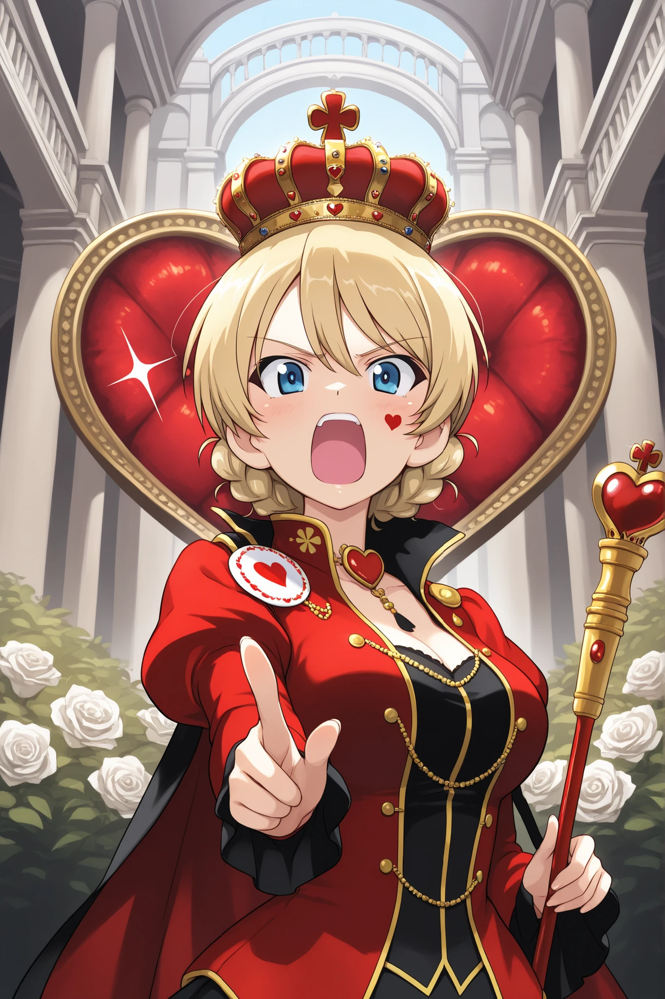masterpiece, character, Girls Und Panzer, darjeeling \(girls und panzer\), Queen of hearts costume and crown, heart shaped beauty mark, yelling, pointing with a scepter, rose garden, white roses dripping with red paint, (Regency architecture), portrait shot