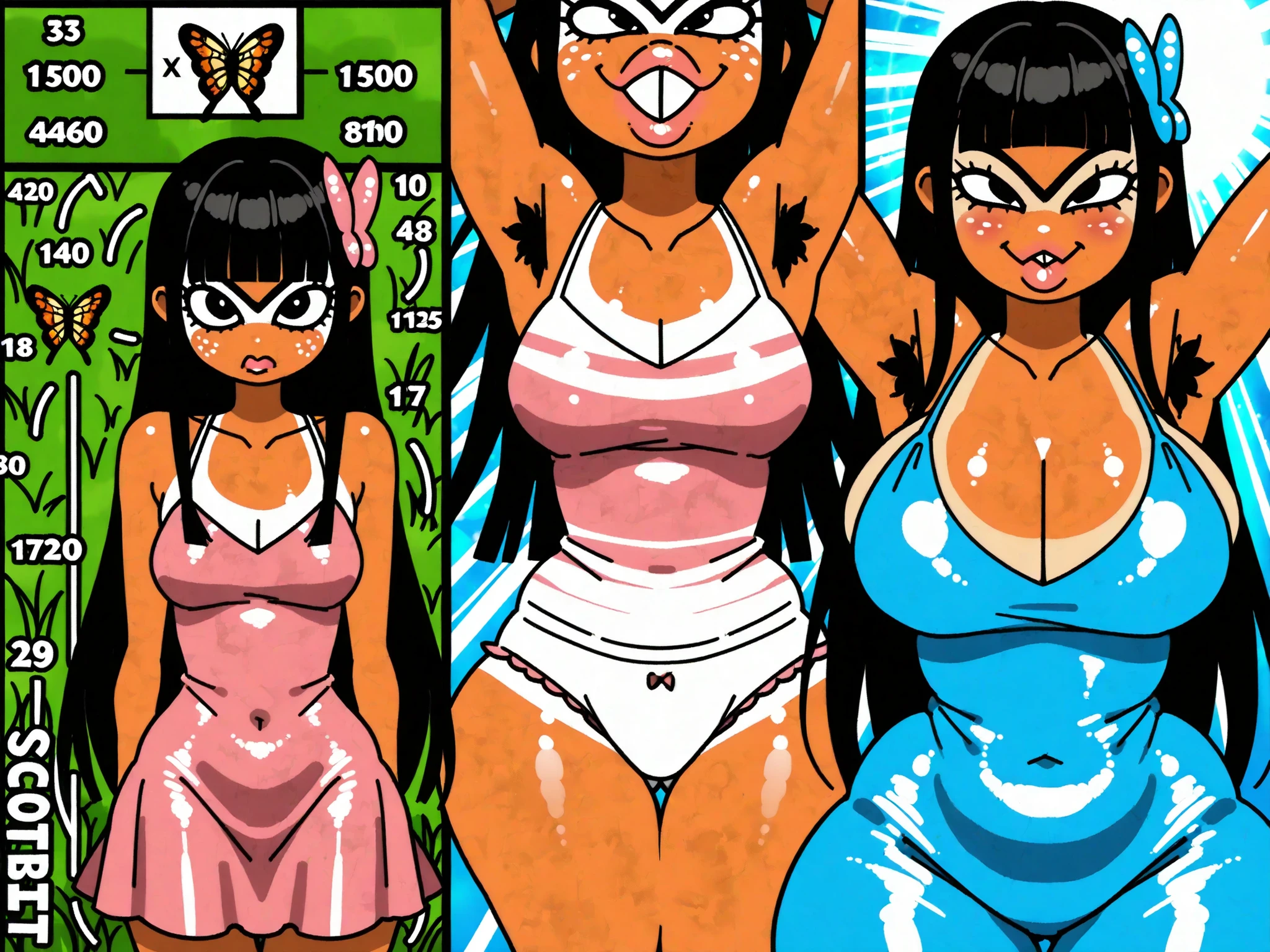 highreasterpiece, best quality,mid long shot, (side view:0.6), 1girl (Y2k pink scrap dress) , solo, hyper bottom heavy, ponytais girl, cute , lines around the eyes, glare eyes, moist eyes, freckled cheeks, red cheeks, feathered bangs, hair cuticle, (unibrow) eyebrows, pimples in face, wide :1.3 , lower body:1.2, primate, mouth, ((lose-tooth)) , (cleavage)}, hair ornament, dark hair, spiked-up long hair, Straight Layered Hair, sidelocks, eyelashes, perfect bright eyes, natural beauty, slim female, feminine growth, shy, big lips, underarm, (armpits poses), armpit hair, ((summer: 1.4)), 1_women, ((whole body)), (tan exotic skin_complexion:1.4), (plain), , Thigh gap, collarbone,  shoulders, natural hairstyles, hyper gluteus, bubble ,  focus, ( Envious Blunt Bangs hair) wide forehead, upper body, legs, perfect thighs from above, anthropoid ((ANATOMICALLY correct)),  navel, Surrealism, [ambient lighting, grass plains, sun rays], female, , huge , Smug, butterflies, voluptuous,((height expansion, sequence height expansion,)),((2 segment comic))