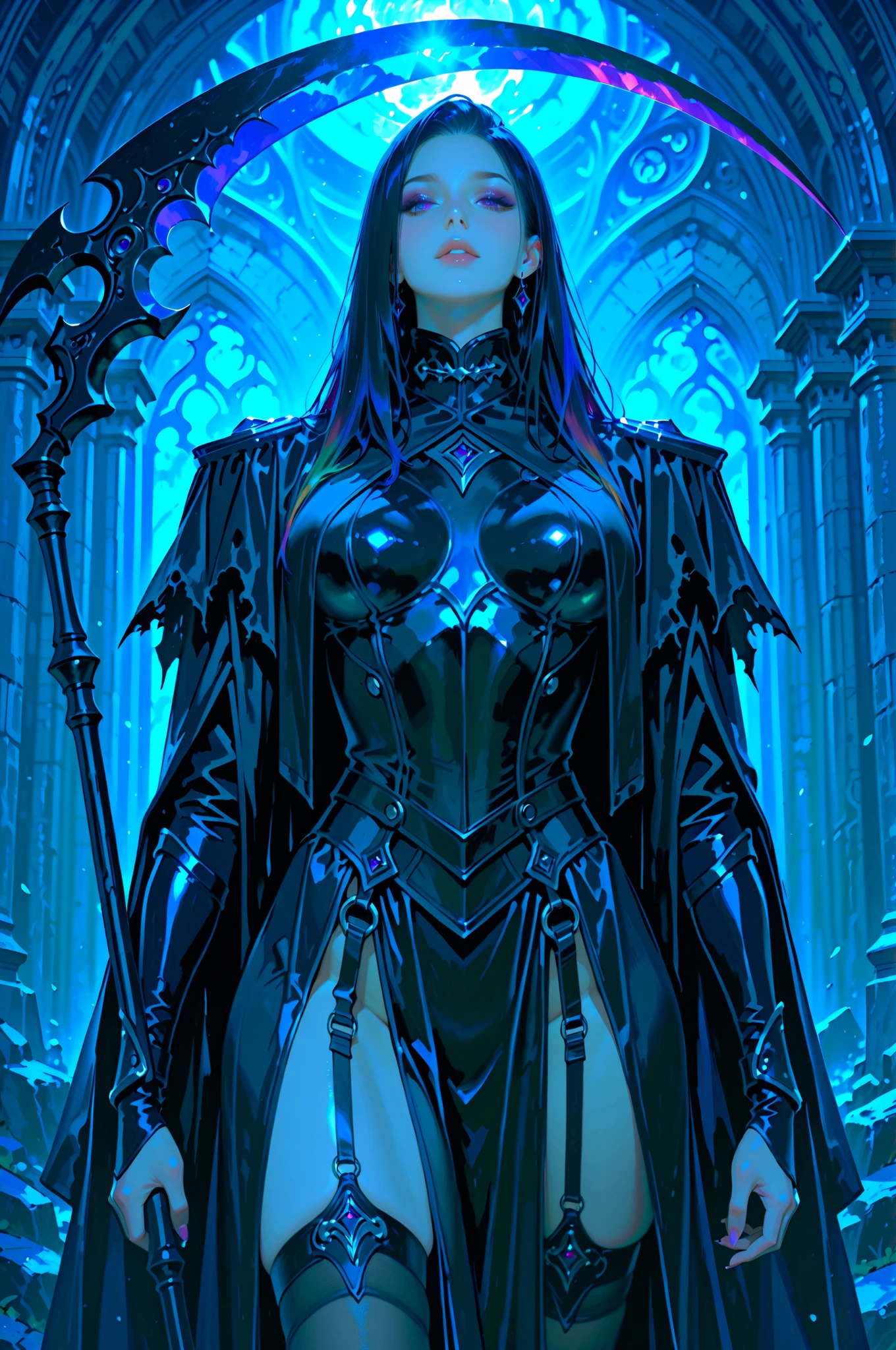 Female Reaper 、anime、Fantasy Magic、、has a big scythe、Rainbow、