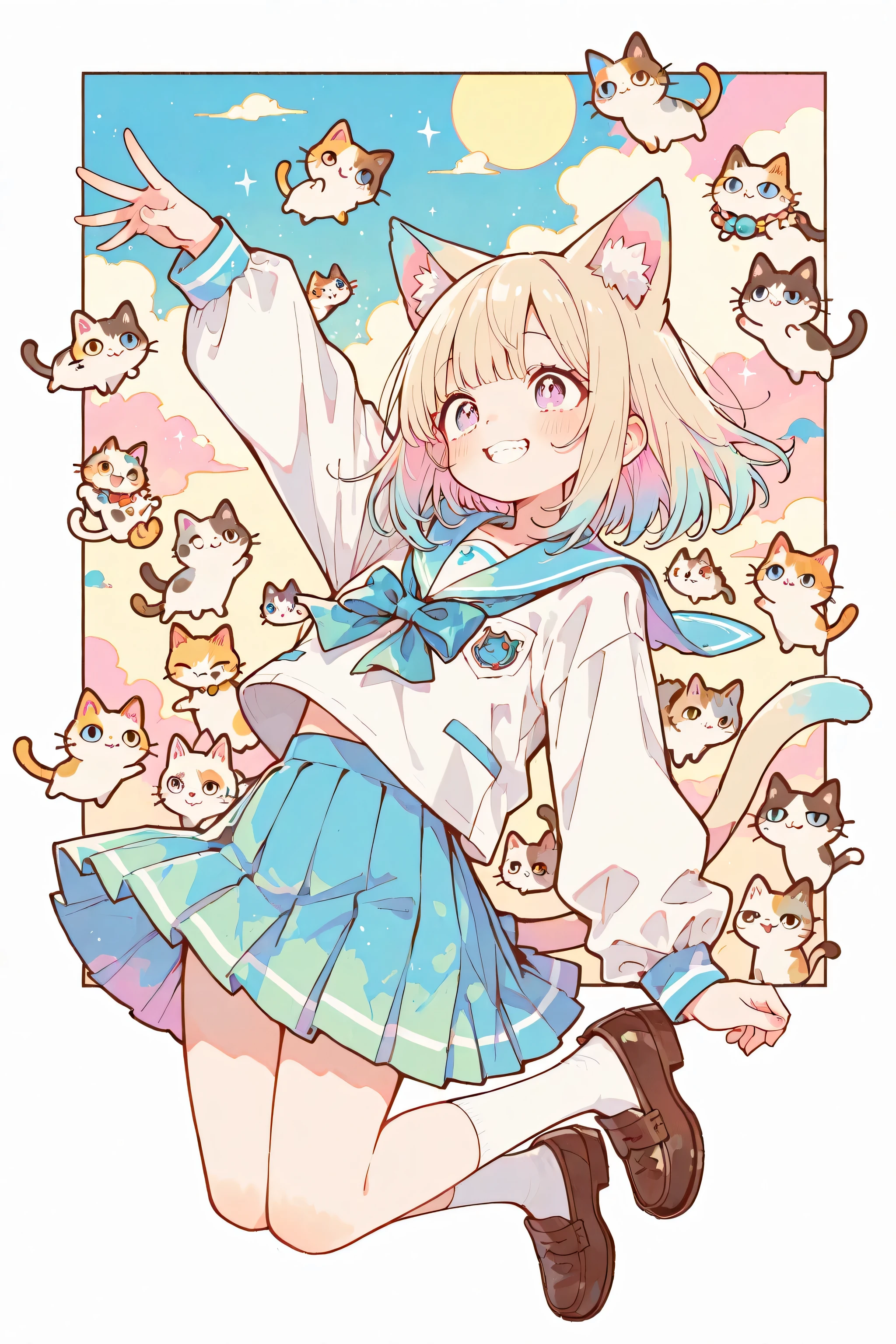 school uniform,bangs,,cute,748cm style,A cute girl, whimsical tornado in sailor uniform, pleated skirt and brown loafers , heroic pose. A Capricious tornado made of colorful cats, lots of cats that eat ru、 teeth、lift lots of items and lift them up in the air, 活気に満ちたpop art style, full of joy, Smile Yans. Thick Line, the background is similar, are rendered in a vibrant pop art style, characterized by Thick Line, Bright, Contrasting colors, and graphics , comic book style, creating a playful and  comical atmosphere. 1girl, solo, cute,  heroic pose, Capricious tornado lots of cats that eat ru, Smile Yan, cat floating in the sky, floating 猫, Floating cat jarrashi, pop art style, bright colors, Thick Line, comic book style, Capricious,  comical.


