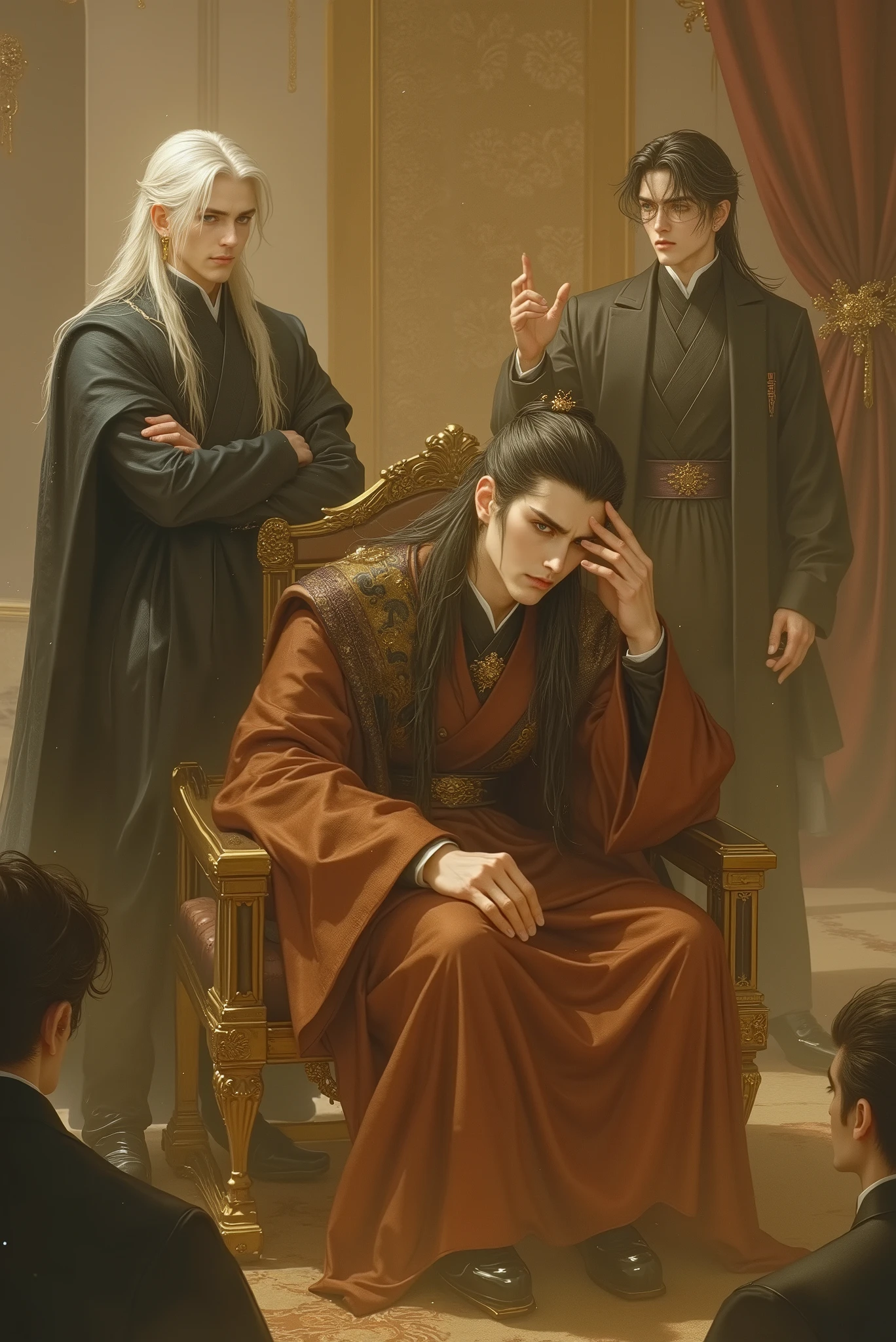 emperor in divine anger, supreme visual quality, deep blue eyes with supernatural clarity and ultra-defined crystalline reflections, every detail of the iris captured in perfect sharpness HDR, face transformed by imperial anger, shiny black hair like liquid silk shaking dramatically, light skin with shades of fury, purple imperial tunic with violently waving gold embroidery, zenith light creating dramatic contrast, maximum photographic resolution, advanced rendering technology, cinematic visual depth