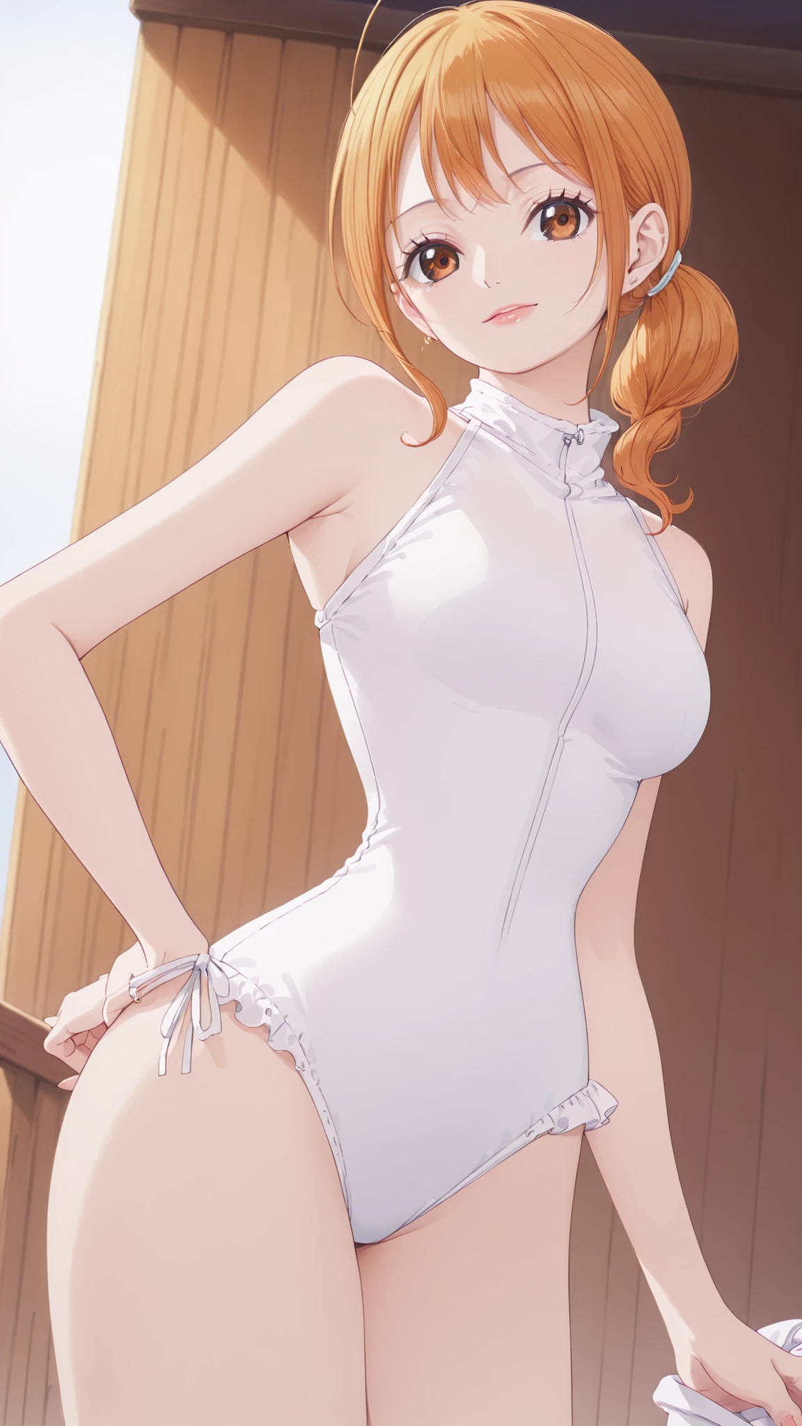 Nami in One Piece、Old School Swimsuit、Stunning with a stylish all-white outfit 、White panties are attractive