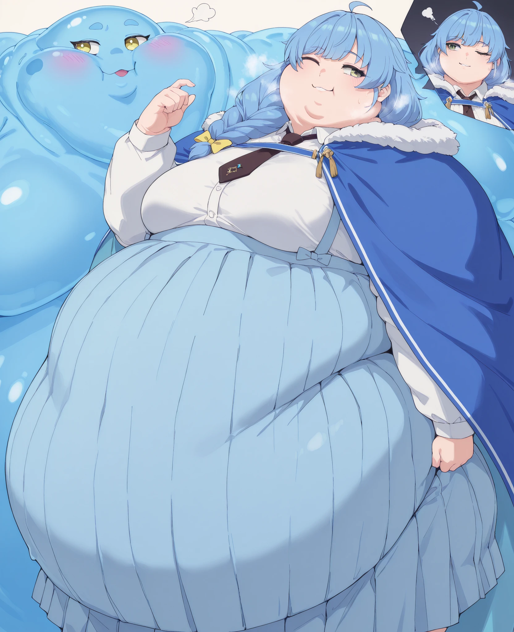 Becoming a slime, monster, aparida rain, long hair, bangs, green eyes, blue hair, yellow eyes, braid, ahoge, hair bow, grey eyes, single braid, yellow bow, braided ponytail, mature female, small breasts, skirt, shirt, long sleeves, white shirt, pleated skirt, necktie, collared shirt, cape, blue skirt, fur trim, black necktie, high-waist skirt, suspender skirt, blue cape, fur-trimmed cape, mature female, small breasts, round face, breasts, plump,,,, ,chubby cheeks,masterpiece, best quality, female, overweight, blobface, chubby cheeks, morbidly obese, close up, 1 ton heavy, heavy breathing, half-closed eyes, one eye closed, squishing, solo, immobile, fat rolls, fat folds, fat face, triple chin, one puffy cheeks, large chest, 1girl, solo, masterpiece, HD, best quality, extremely detailed, high resolution, highres, quality, masterpiece, 8K image quality, wide face, smug, horny, in heat, hungry, (looking away, looking to side, side profile, head tilt)