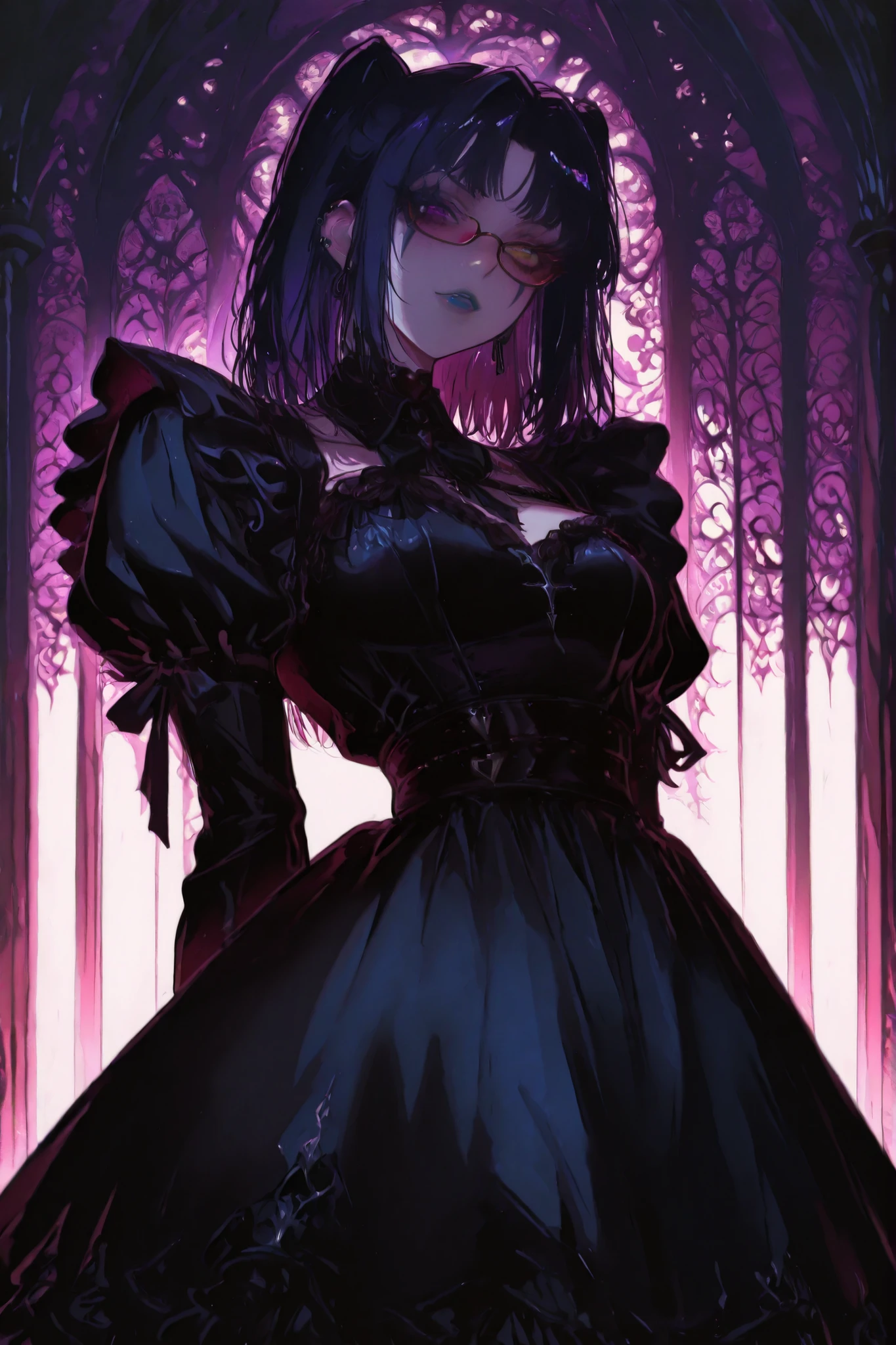 heterochromia,Gold and Purple eye, blue lips, facial markings,g0th1cpnk,Gothic,goth,The image shows a female anime character with stylized features and vibrant colors, dressed in a gothic maid costume. She has dark hair, and wears red glasses.