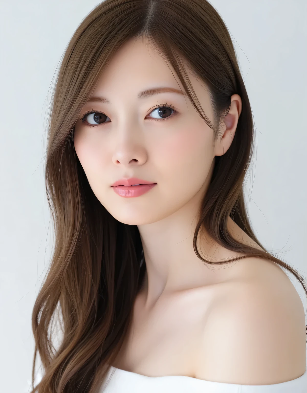 raw photo, reality, ((Staring)), ((Focus on the face)), ((close-up)), front view, Japanese Woman, Smile Yan, ((long hair, dark brown hair color, straight hair)), off shoulder, unedited, live-action, Authentic,  cute young girls , Beautifully Reflective Eyes, beautifully detailed lips, extremely delicate eyes and face, long eyelashes, かすかなSmile Yan,  Simple white background , Natural Light