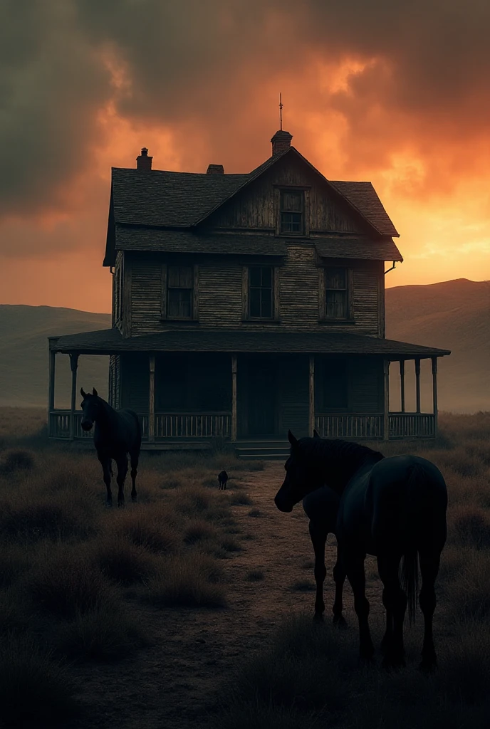 An old western-style house with black horses in front, Dark scenery and ...