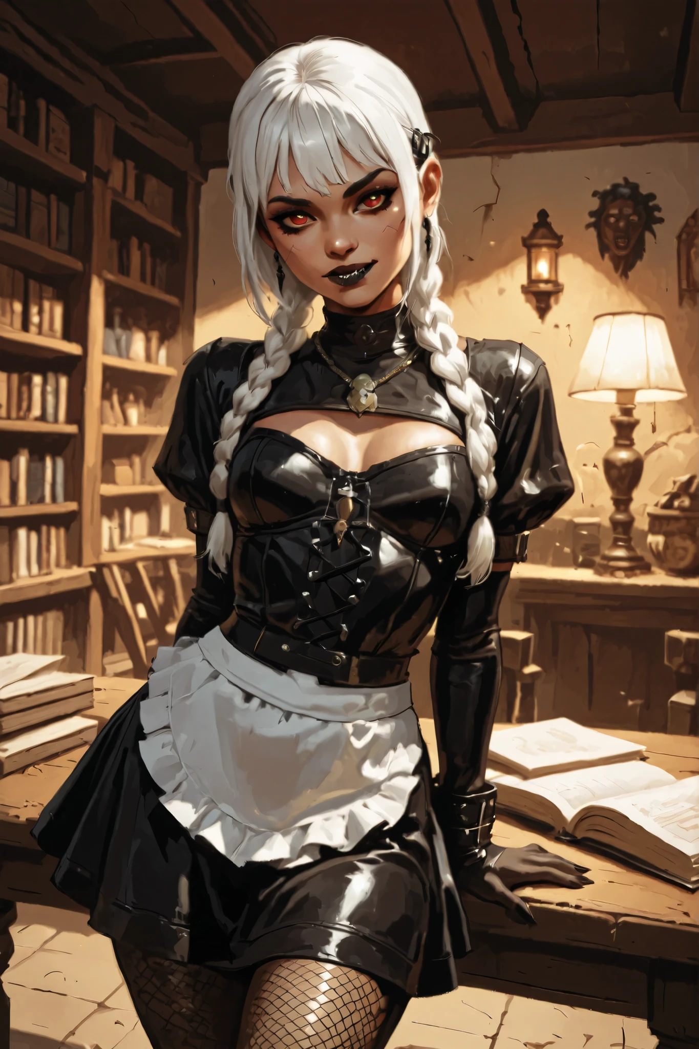 Drawn like the artist Bob Kehl. Goth girl. Albino skin. White skin. Rebecca from Cyberpunk Edgerunners with white and dark hair, deep red-coloured eyes, slanted Asian eyes, black eyeliner, with sharp teeth, athletic body and abs. Slender and athletic. Cute, round and young face. White highlights in her hair. She wears new black snake-latex clothing with snakeskin-texture. She also wears an amber necklace. She has small . She smiles awkward-ly. Atmospheric lighting. She looks like Wednesday Adams. Box-art. DnD-art-style, oil painting. Looking at the viewer. Background: medieval jungle ruins