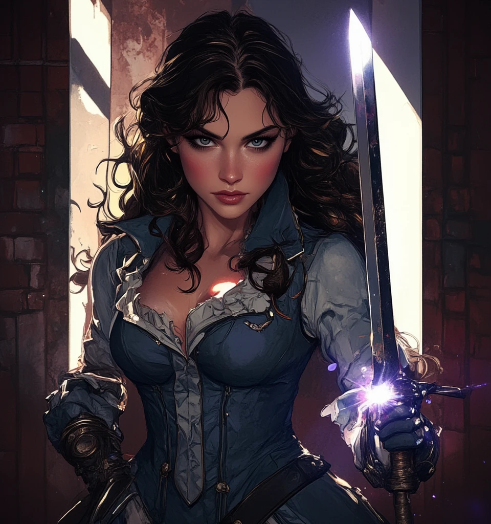  beautiful Asian girls , , 18 years old. Open ?????, Buttonless Shirt, ????????????, Size 45 inches ,  Young woman, women likely to be Asian, A stunning female warrior stands poised in an opulent, vintage-style library bathed in warm, ethereal light. She has ash-gray, shoulder-length hair with soft layers, delicately adorned with a metallic flower ornament. Her piercing, subtly glowing eyes gaze intensely over her shoulder, exuding strength and mystery. She wears a luxurious, black leather cloak with embossed runic patterns on the collar, layered over a tailored white and lavender tunic, cinched with a dark belt. Intricate gold studs line her fitted black gloves, which grip a majestic black and gold sword with an elaborately crafted crossguard, featuring arcane engravings and a gemstone embedded in the hilt. Her outfit combines gothic and fantasy elements, with high boots, dark leggings, and ornamental accessories that speak of nobility and battle-readiness. Behind her, towering wooden bookshelves lined with ancient tomes and a rich crimson curtain with white tassels frame the scene. Dust motes dance in the golden rays of light, giving the atmosphere a surreal, magical aura. ultra-realistic, hyper-detailed, cinematic fantasy portrait, cosplay photography style, dramatic lighting, regal and mysterious tone.