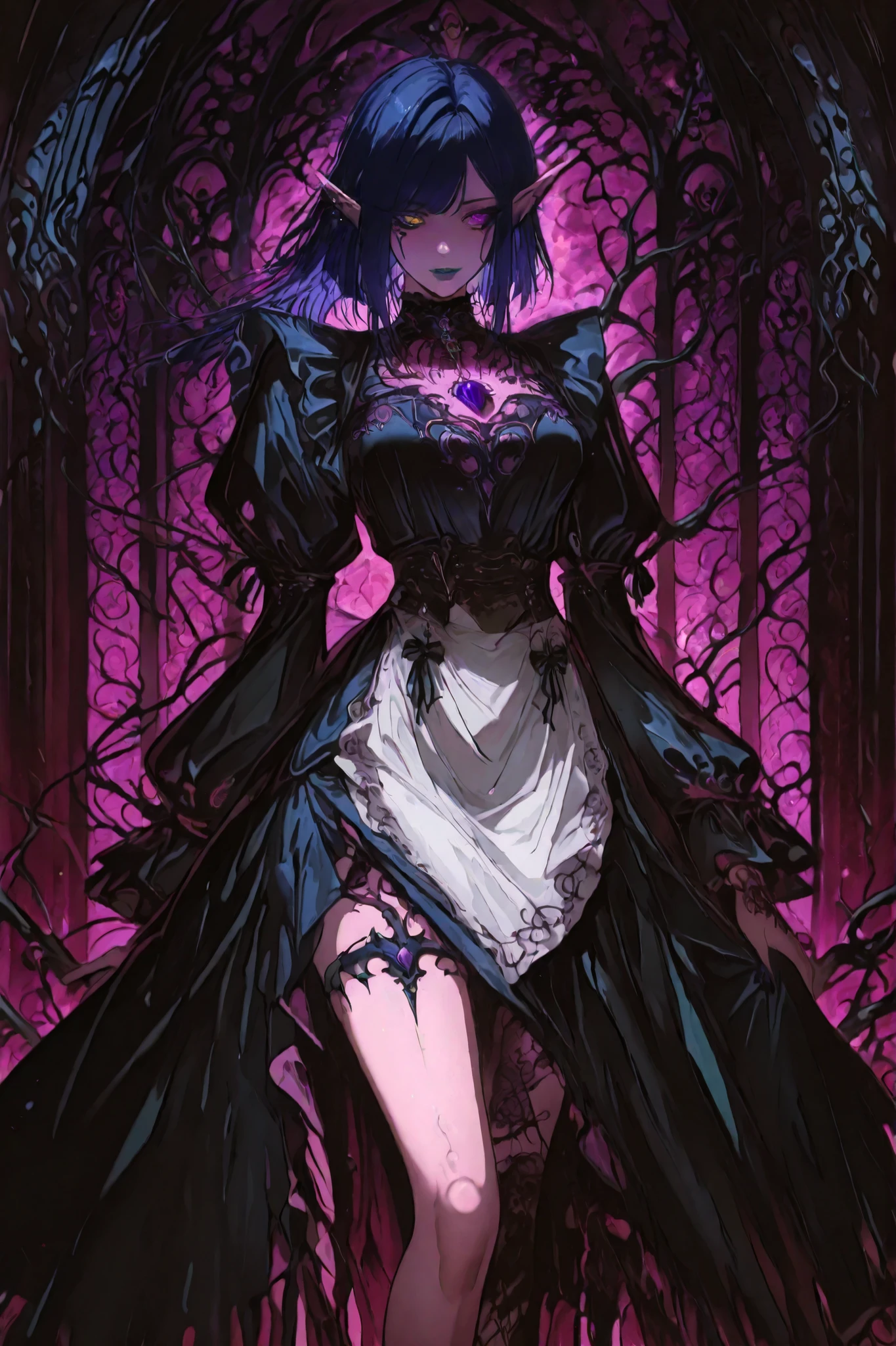 heterochromia,Gold and Purple eye, blue lips, facial markings,g0th1cpnk,Gothic,elf,goth,A dark and elegant gothic character with a mysterious and otherworldly aura. She has short, straight, dark blue hair with side-swept bangs and vivid purple tips, and wears stylish red glasses. Her eyes glow with a magical essence. The character wears a detailed and ornate Victorian maid outfit: a black coat with puffed sleeves, a ruffled white apron, and deep purple linings. Her outfit is adorned with magical black thorn-like vines and glowing purple crystals that emerge from her skin and clothing, especially around her neck, arms, and legs. A necklace of glowing purple gems rests on her chest, pulsing with arcane energy. Her left hand holds an open ancient book, magically suspended above her palm. Elegant black tattoos or markings stretch across her body, merging with the magical thorns. The background is neutral to emphasize the high contrast and dramatic fantasy aesthetic. Highly detailed anime art style, intricate drawing, brilliant magical effects, quality concept art.