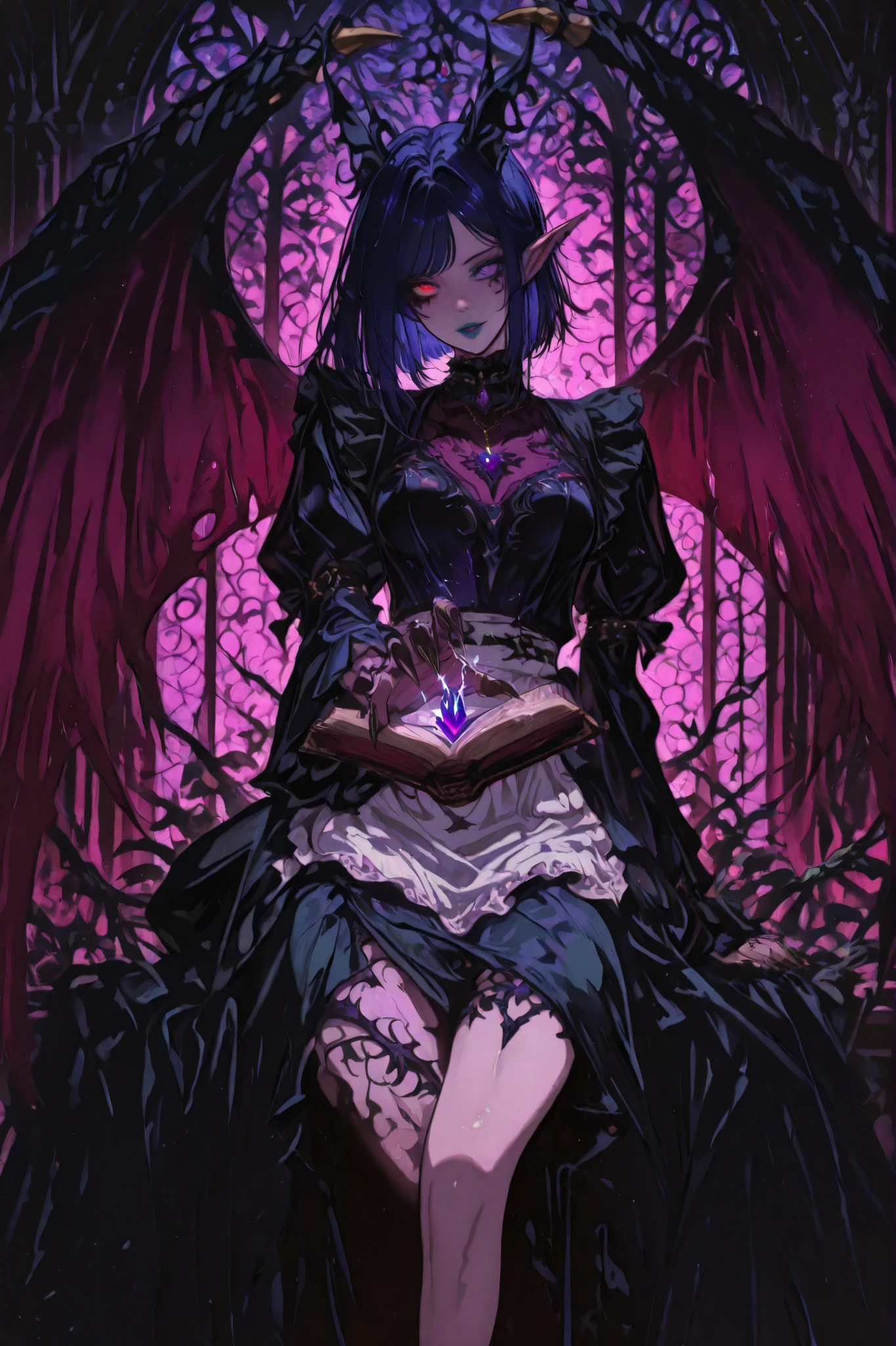 claws, clawed hand, demon girl,wings,heterochromia,Gold and Purple eye, blue lips, facial markings,g0th1cpnk,Gothic,elf,goth,A dark and elegant gothic character with a mysterious and otherworldly aura. She has short, straight, dark blue hair with side-swept bangs and vivid purple tips, and wears stylish red glasses. Her eyes glow with a magical essence. The character wears a detailed and ornate Victorian maid outfit: a black coat with puffed sleeves, a ruffled white apron, and deep purple linings. Her outfit is adorned with magical black thorn-like vines and glowing purple crystals that emerge from her skin and clothing, especially around her neck, arms, and legs. A necklace of glowing purple gems rests on her chest, pulsing with arcane energy. Her left hand holds an open ancient book, magically suspended above her palm. Elegant black tattoos or markings stretch across her body, merging with the magical thorns. The background is neutral to emphasize the high contrast and dramatic fantasy aesthetic. Highly detailed anime art style, intricate drawing, brilliant magical effects, quality concept art.