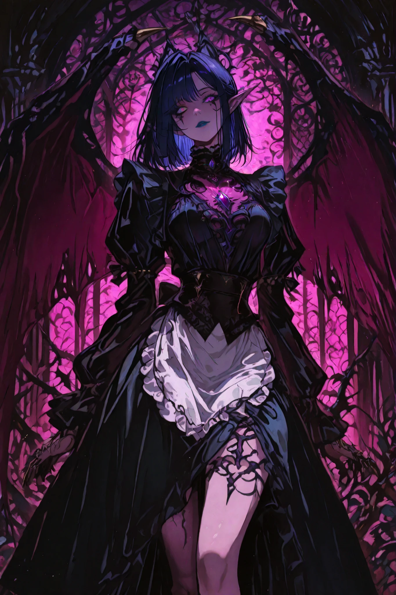 claws, clawed hand, demon girl,wings,heterochromia,Gold and Purple eye, blue lips, facial markings,g0th1cpnk,Gothic,elf,goth,A dark and elegant gothic character with a mysterious and otherworldly aura. She has short, straight, dark blue hair with side-swept bangs and vivid purple tips, and wears stylish red glasses. Her eyes glow with a magical essence. The character wears a detailed and ornate Victorian maid outfit: a black coat with puffed sleeves, a ruffled white apron, and deep purple linings. Her outfit is adorned with magical black thorn-like vines and glowing purple crystals that emerge from her skin and clothing, especially around her neck, arms, and legs. A necklace of glowing purple gems rests on her chest, pulsing with arcane energy. Her left hand holds an open ancient book, magically suspended above her palm. Elegant black tattoos or markings stretch across her body, merging with the magical thorns. The background is neutral to emphasize the high contrast and dramatic fantasy aesthetic. Highly detailed anime art style, intricate drawing, brilliant magical effects, quality concept art.