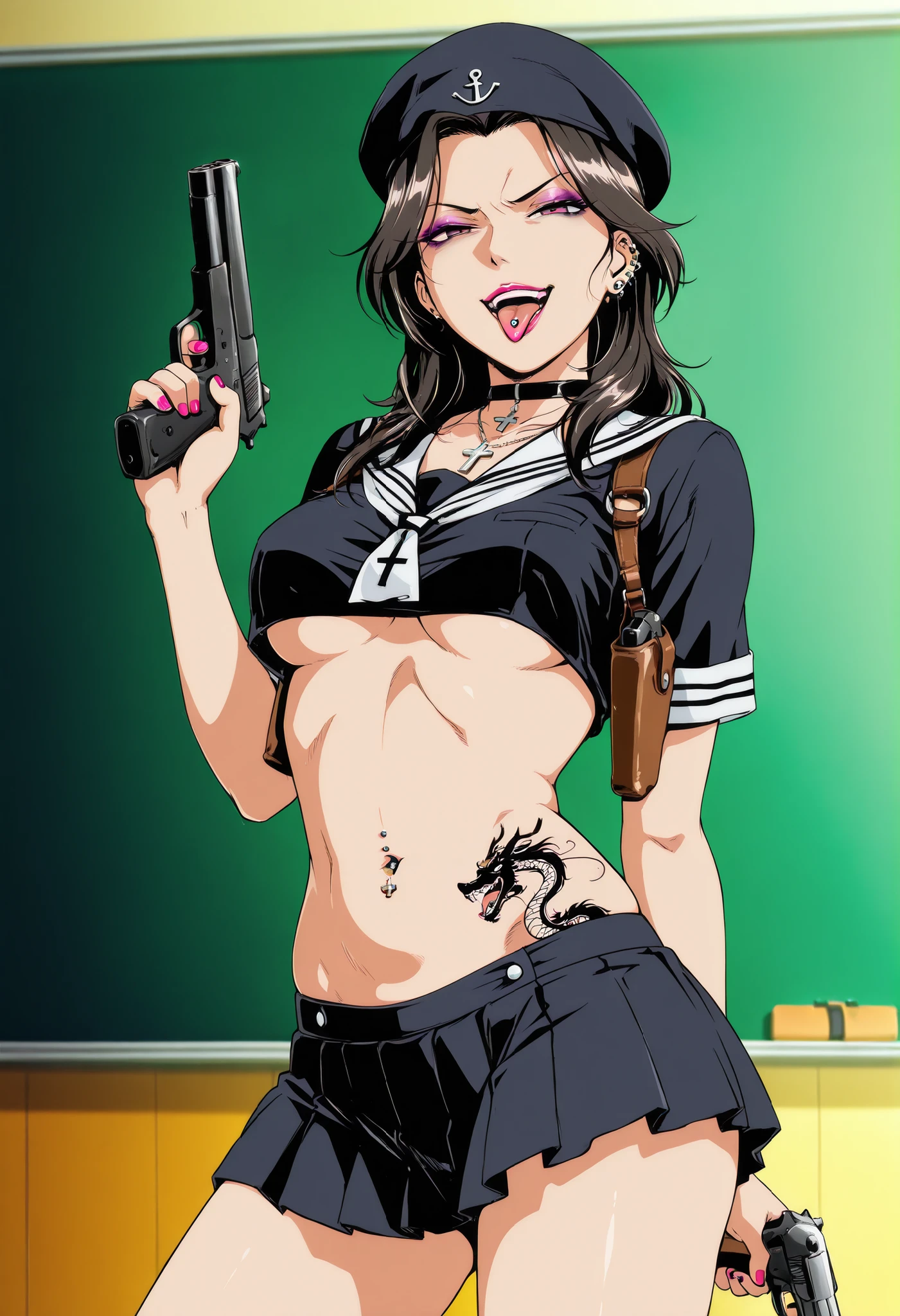 mrsyaj1ma, masterpiece, best quality, amazing quality, very aesthetic, absurdres, newest, very awa, beautiful eyes,
masterpiece, best quality, detailed,
makeup, lipstick, nail polish, ear piercing, long hair, , lipstick, Hot girl, baddie,, sensual, attractive ,choker , cross necklace,masterpiece,sensitive , nail polish, ear piercing, long hair, , lipstick, Hot girl, baddie,, sensual, attractive ,choker , cross necklace, masterpiece, best quality, highly detailed, a girls in sailor uniforms with a gun posing for a picture, evil smile, smile, open mouth,black_serafuku, (nsfw) not safe for work, ecchi style, high school girls, holding a gun, hold a gun, micro skirt, exposed belly, exposed navel, exposed midriff, holding pistol,underboob, exposed lower belly,school, classroom, navel piercing , shoulder holster , tongue piercing , tongue out , open mouth, medium breasts, dragon tattoo on waist, narrowed eyes, tattoo on waist, anipai_style , anime screencap , anime coloring, v-shape eyebrows,,