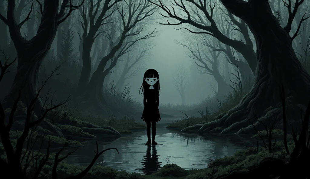 ((masterpiece)),(((best quality))), ultra_detailed, (:1.4), [10:years:old:1.4], [perfect:face:1.5], [detailed::features:1.5], [sharp::contours:1.5],[detailed:green:eyes:1.5], [sharp:eyes:1.5], looking at viewer, scared expression, pale skin, long wavy black hair, crop top, pink pantyhose, sneakers, (:0.3), extra small , full body, stands on the edge of a cliff, (feet in the water), dead, blood-soaked clothes, blood on face, bleeding, [bloody:mess:1.1], [blood:everywhere:1.4]. Night eerie atmosphere, forest, flowers, shadowy trees, scary trees, bloody river, crimson water, bad weather, dark clouds, heavy (rain) visible raindrops, night lighting, blood-red colors, cool tones, (saturation:0.2), (highlight:0.3), (brightness:0.3), (contrast:1.5), (absurdres:1.2)