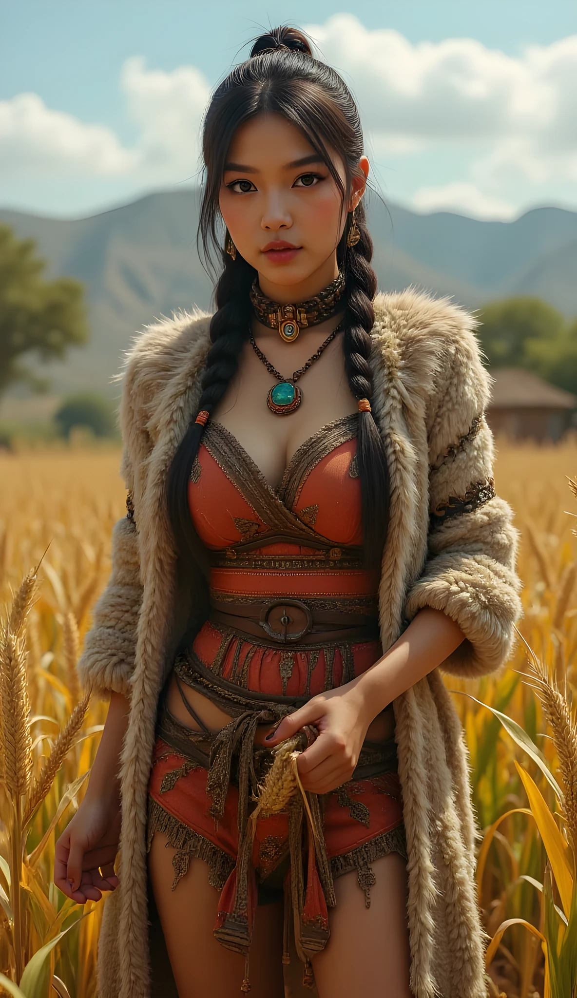 Ancient prehistoric age era, 
(Stone civilization age era:1.6), 

((Realistic cinematography ultra-wide depth intense stunning lots of realistically ultra-detailed savana angle of scenery)),plant domesticated,the detailed of an aztec female farmer holding and handling a realistic intricately a soil of small Maize weeds,,, (),(farmer community),(()),wearing fully coverage, long fur primitively fabric long aztec kimono 👘and long coat primitive wardrobe robe aztec dress,,,(perfectly depth symmetrically curvy form, and busty body shapely),(cinematic dynamically camera widely angle scenery:accurately depicted:1.3),the lively prehistoric aztec civilization depicting scenery,afternoon,realistically full depth,(cinematography dynamic angle|hyperrealistic:realistic scenery:3d texture over the scenery),summer season,best videography angle,hdr,golden hour, (cinematography vibe),primitive wardrobe,(dynamic image composition),(octane 3d rendering|50mm lens shot:1.3),(lifelike skin texture:lifelike hairs:realism),(best rule of third photography composition),(best image aperture),(full details depth of field),(best shutter speed),(RAW photo image),(photorealistic|photorealism:hyperrealism style),(realistic depth 3d:cgi:1.3),(trending on cgsociety:devianart:unreal engine 5),,(best photography:national Geographic style), tikiPunkAi and greenPunkAi artwork, digital art,best lighting concept,(realistic intricately fixed truly fully human's anatomy body+hands+and+fingers anatomical),natural motion,inspired by farcry5 game artwork.